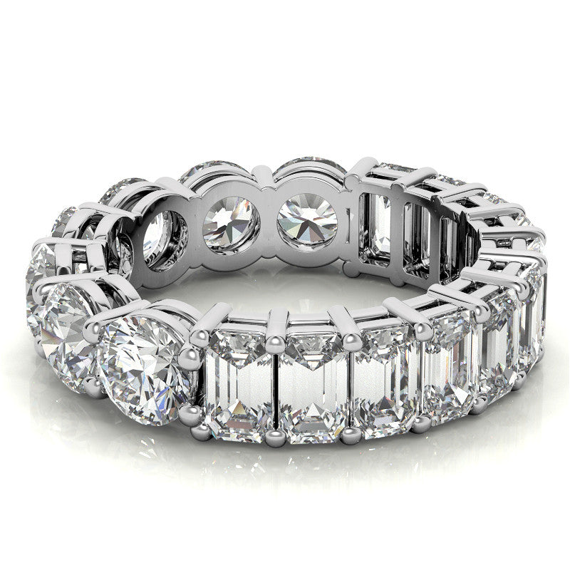 Sterling Silver Elegant Shimmering Round And Emerald Cut Diamond White Gold Eternity Band For Women