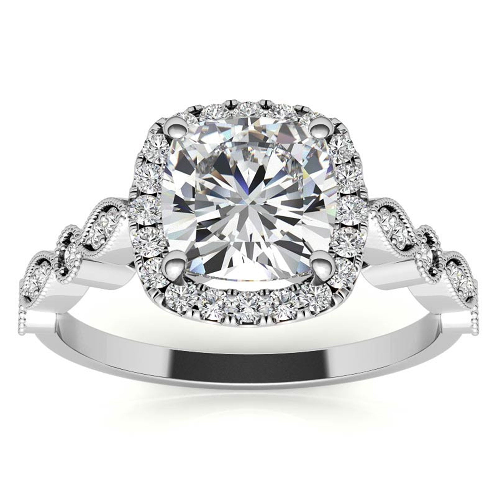 Adjustable Sterling Silver Lustrous White Gold Cushion-Cut vintage-inspired Halo Ring For Women