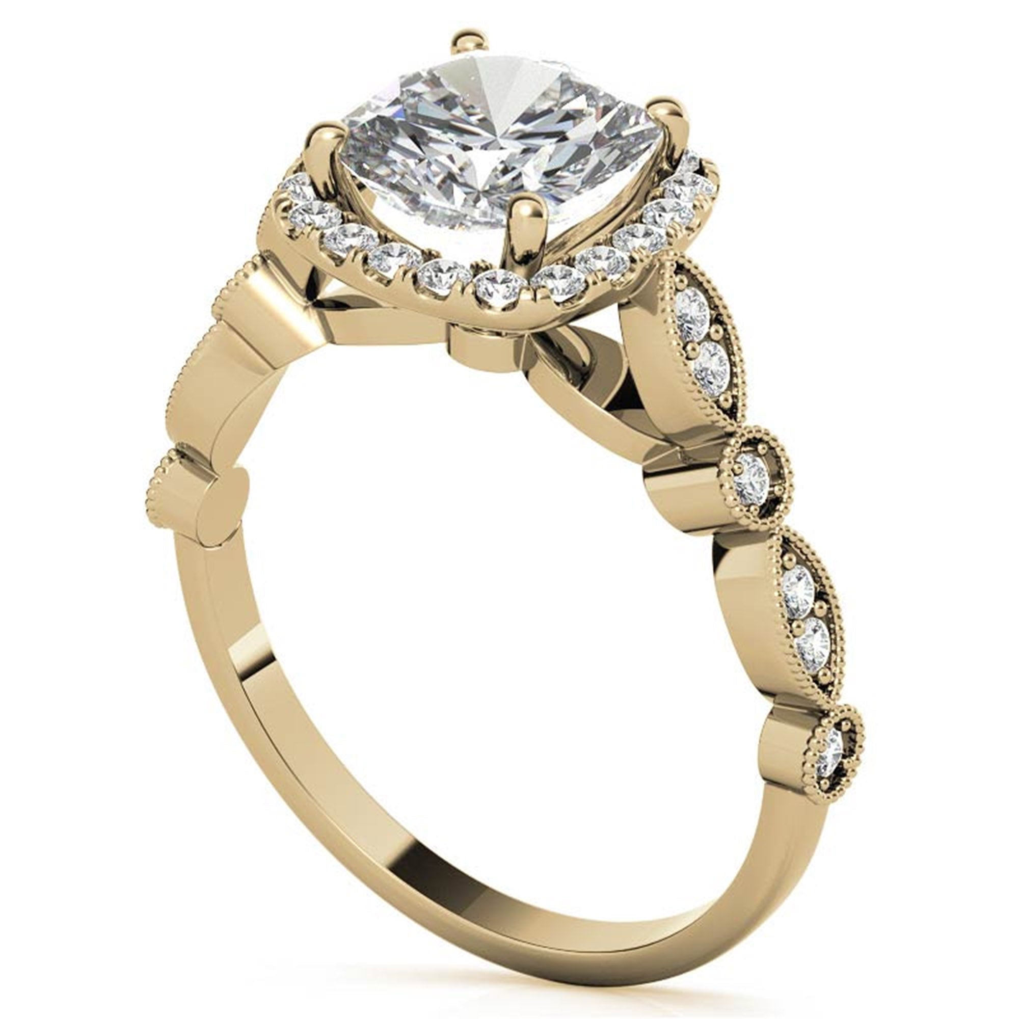 Adjustable Sterling Silver Lustrous Yellow Gold Cushion-Cut vintage-inspired Halo Ring For Women