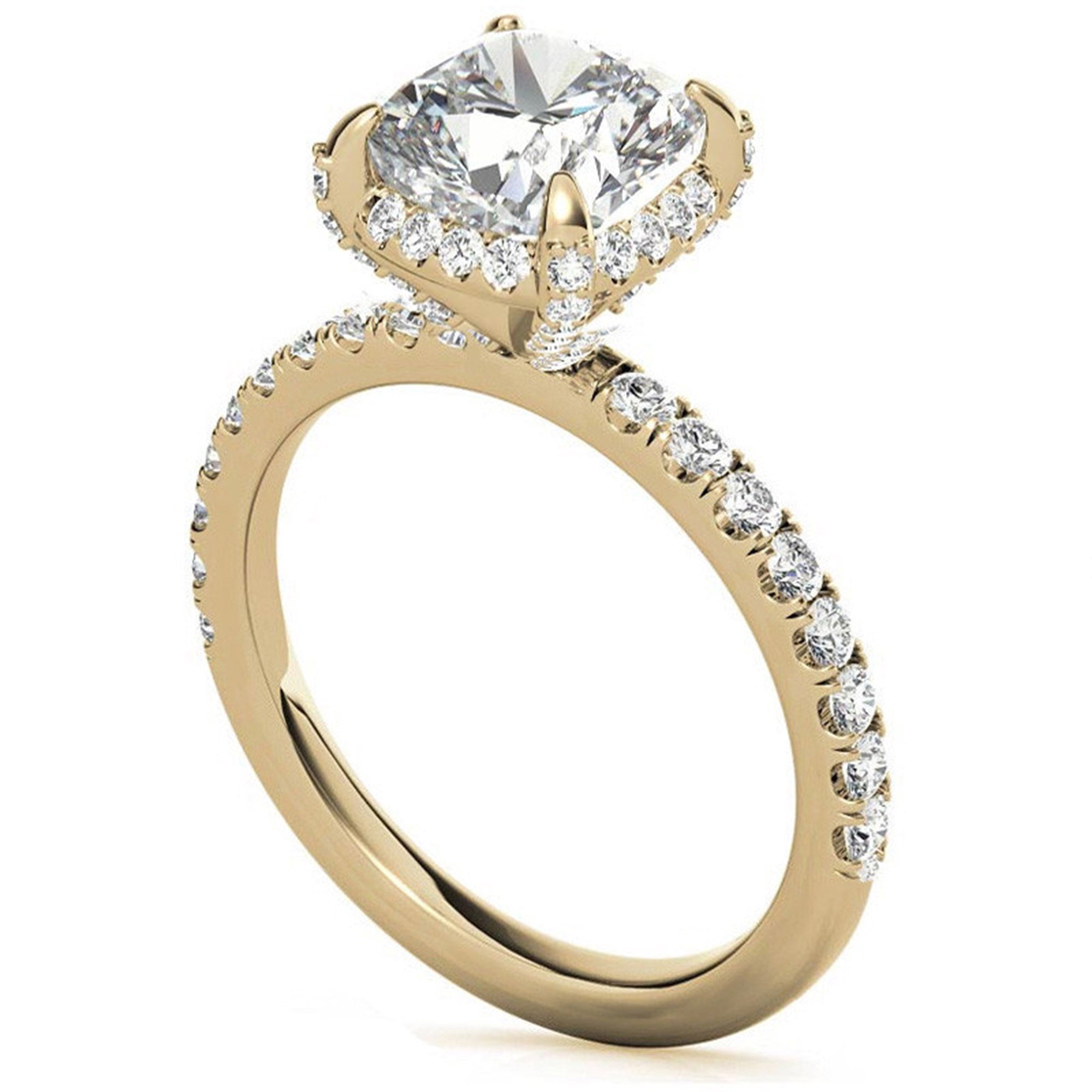 Cushion-Cut Solitaire Yellow Gold Adjustable Sterling Silver Classic Halo Ring For Women