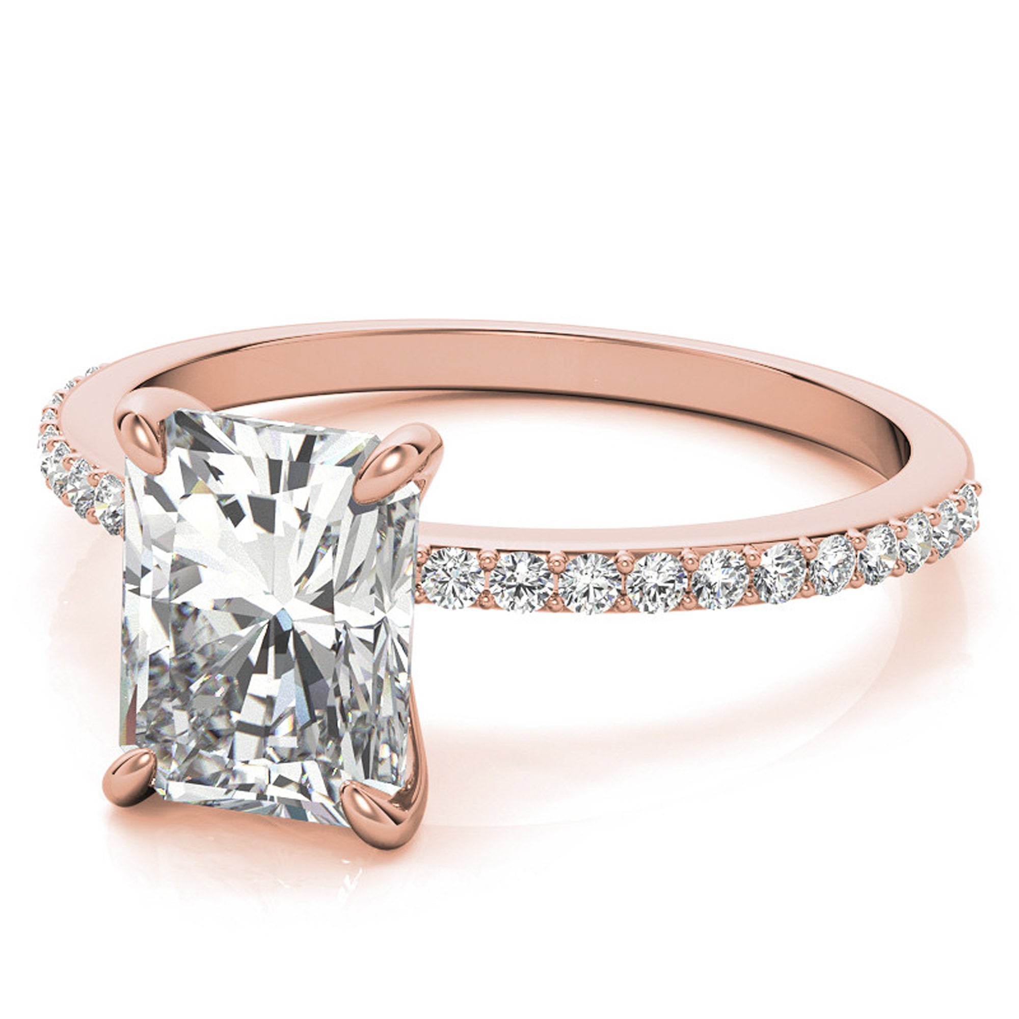 Adjustable Radiant Cut Solitaire Sterling Silver Rose Gold-Plated Engagement Ring with Pave Band – Perfect for Special Occasions