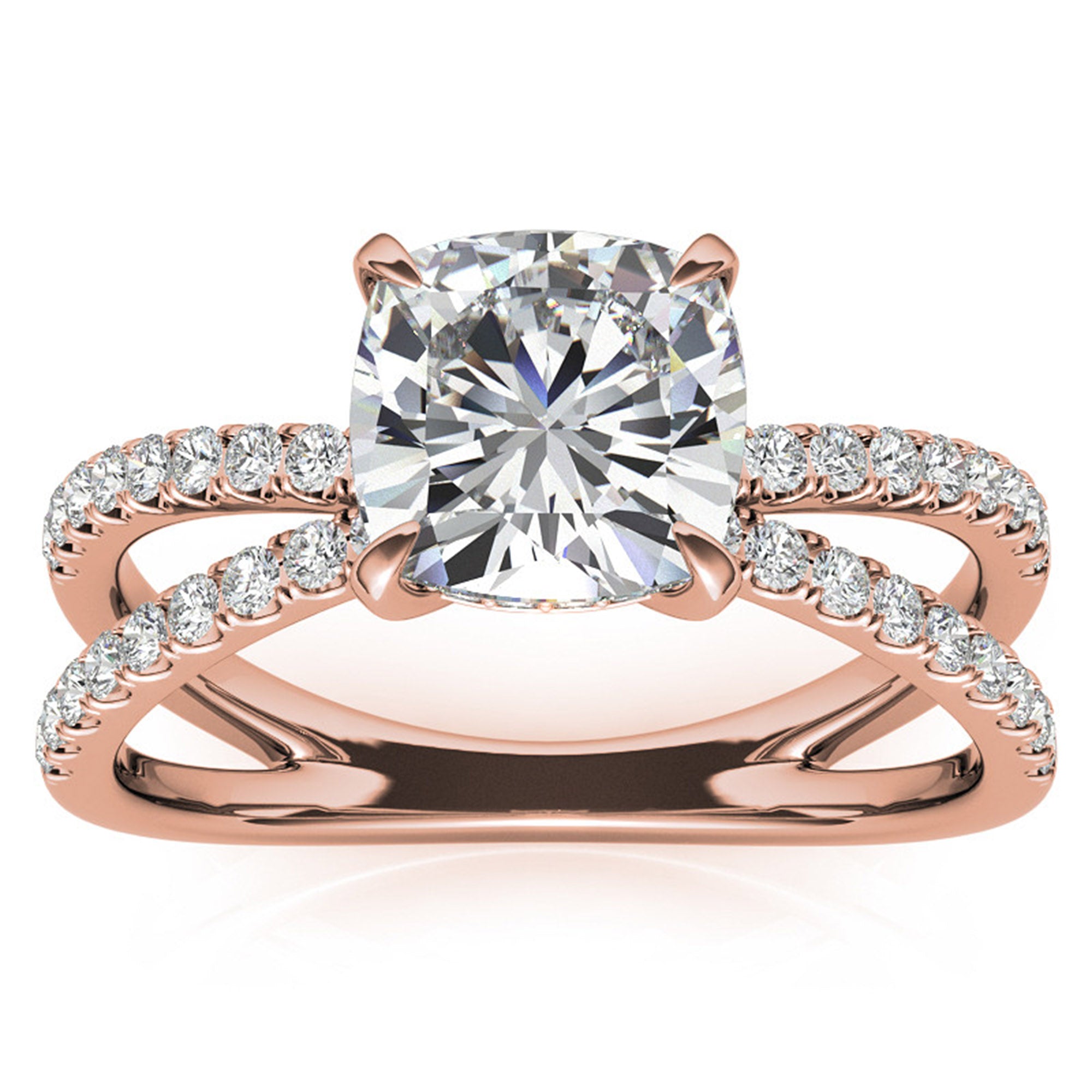 Adjustable Luxurious Sterling Silver Rose Gold Cushion-Cut Split Shank Engagement Ring For Women