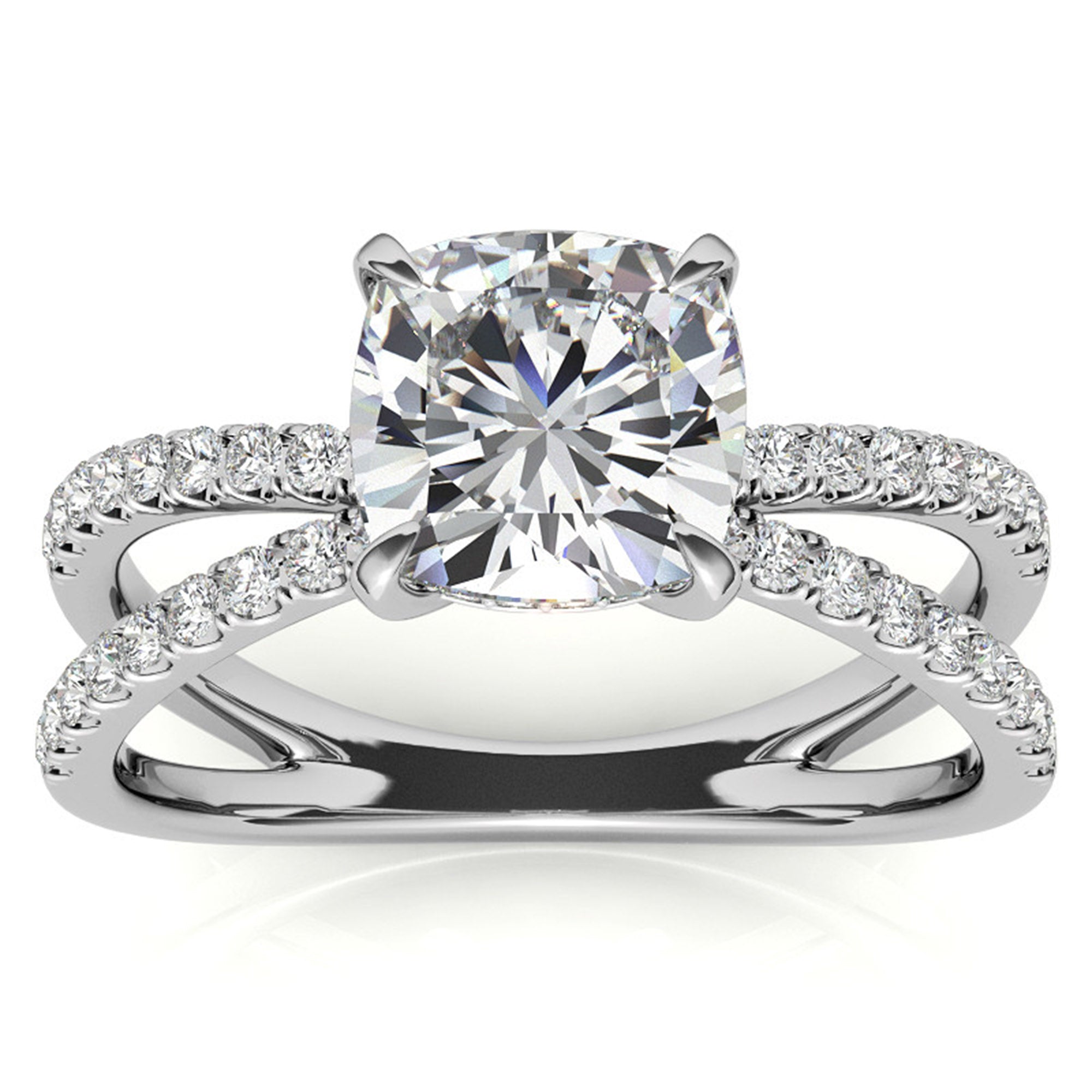 Adjustable Luxurious Sterling Silver White Gold Cushion-Cut Split Shank Engagement Ring For Women