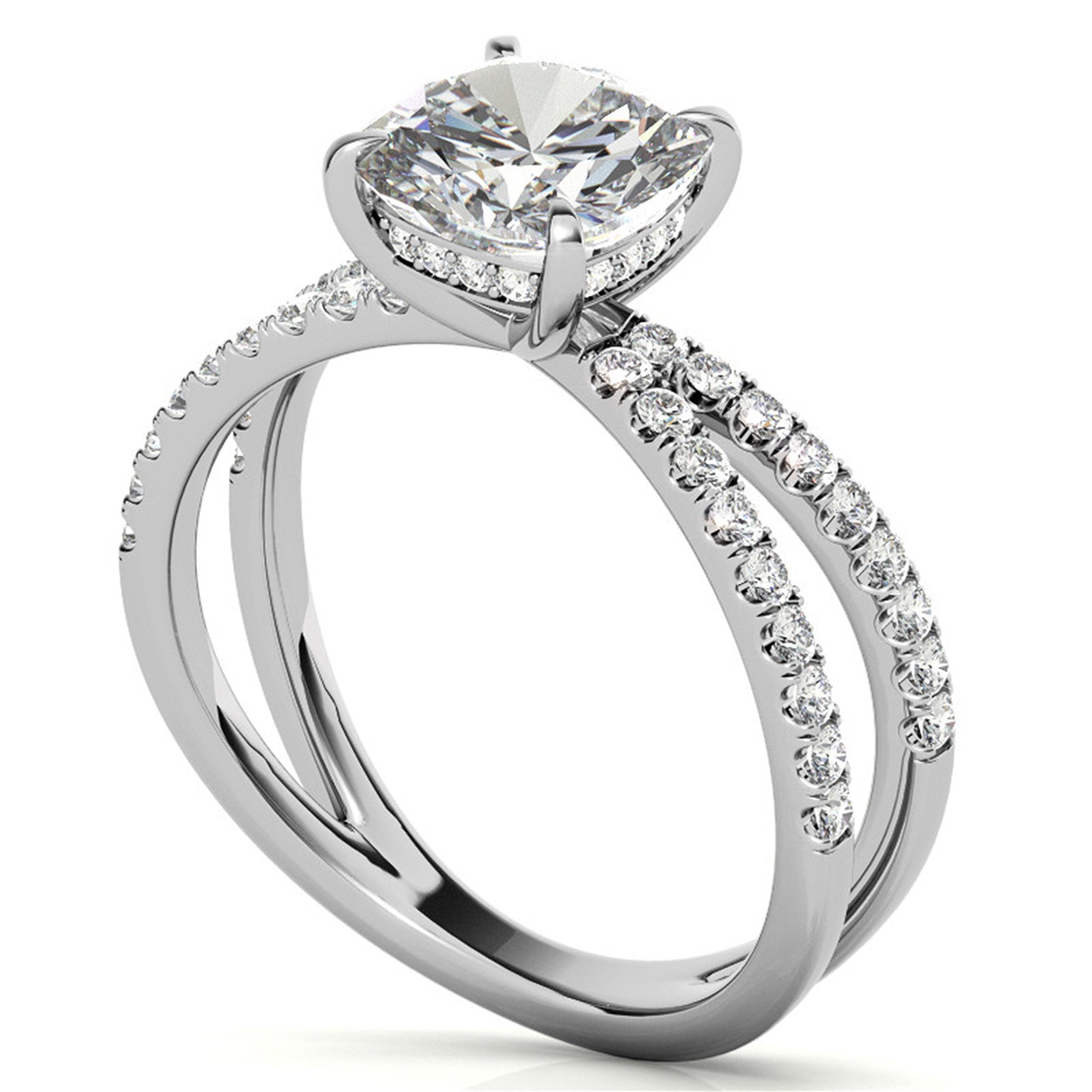 Adjustable Luxurious Sterling Silver White Gold Cushion-Cut Split Shank Engagement Ring For Women