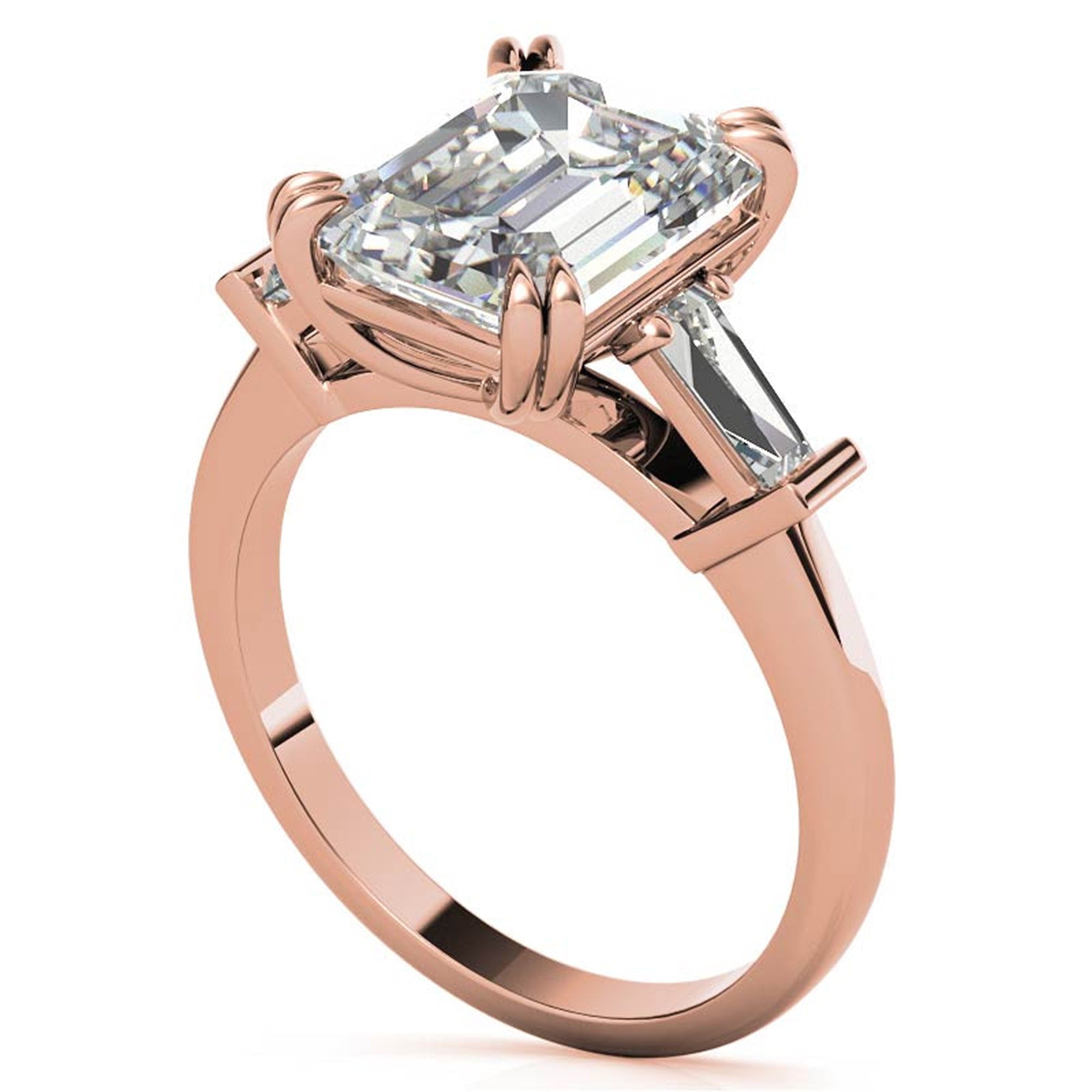 Adjustable Engagement Sterling Silver Rose Gold Three-Stone Emerald-Cut with Baguette Ring For Woman