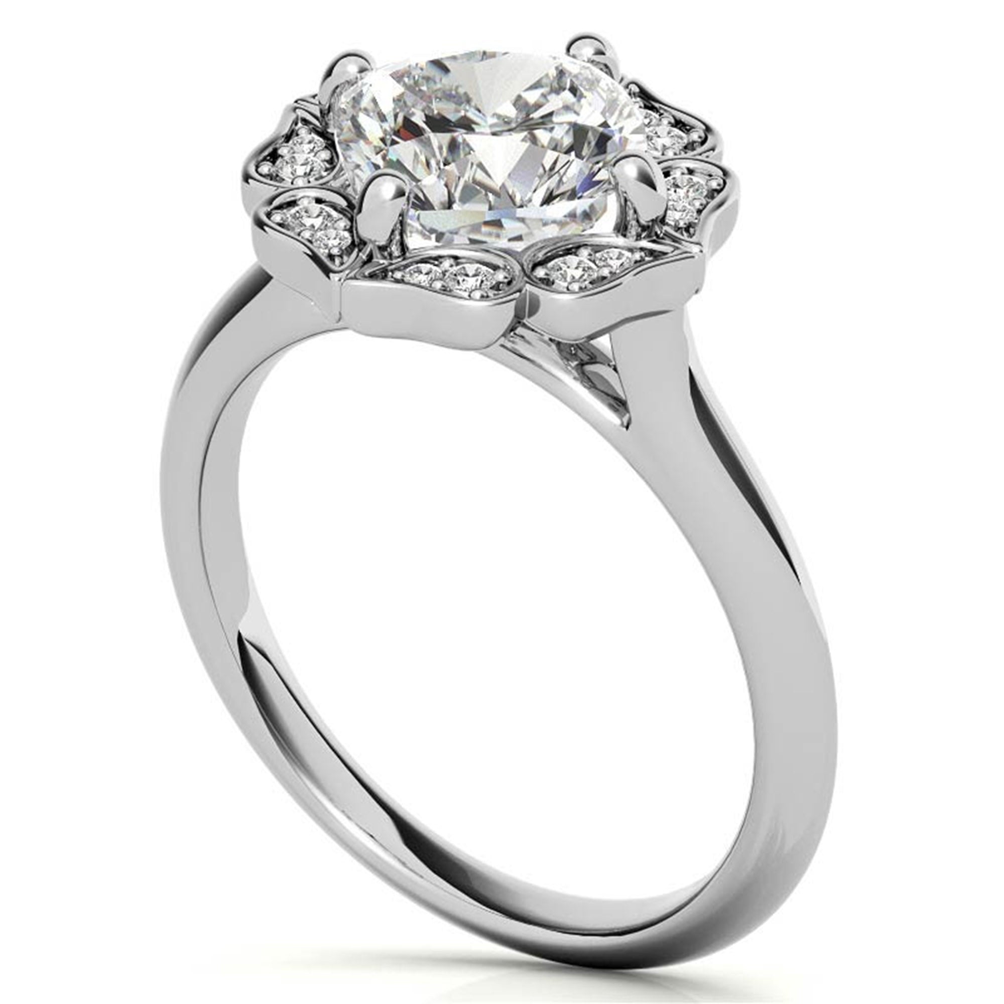 Adjustable Sterling Silver Elegant White Gold Floral Halo Diamond Engagement Ring For Women