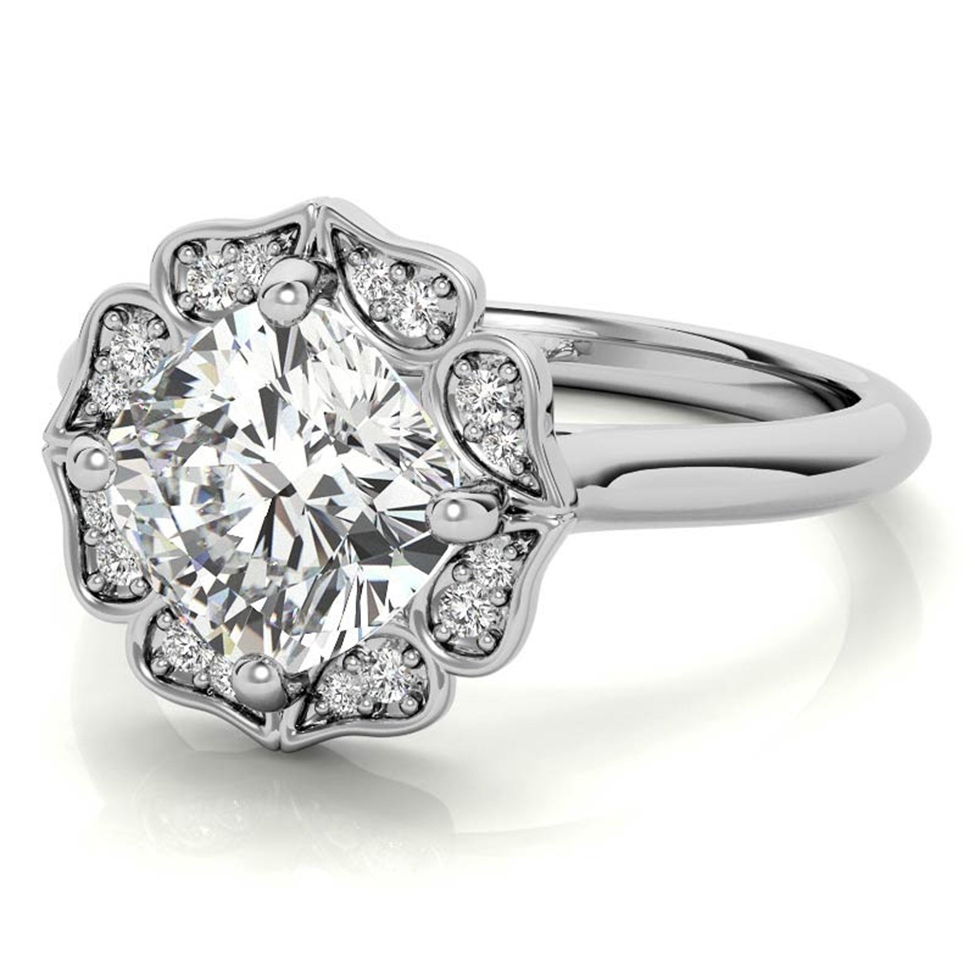 Adjustable Sterling Silver Elegant White Gold Floral Halo Diamond Engagement Ring For Women