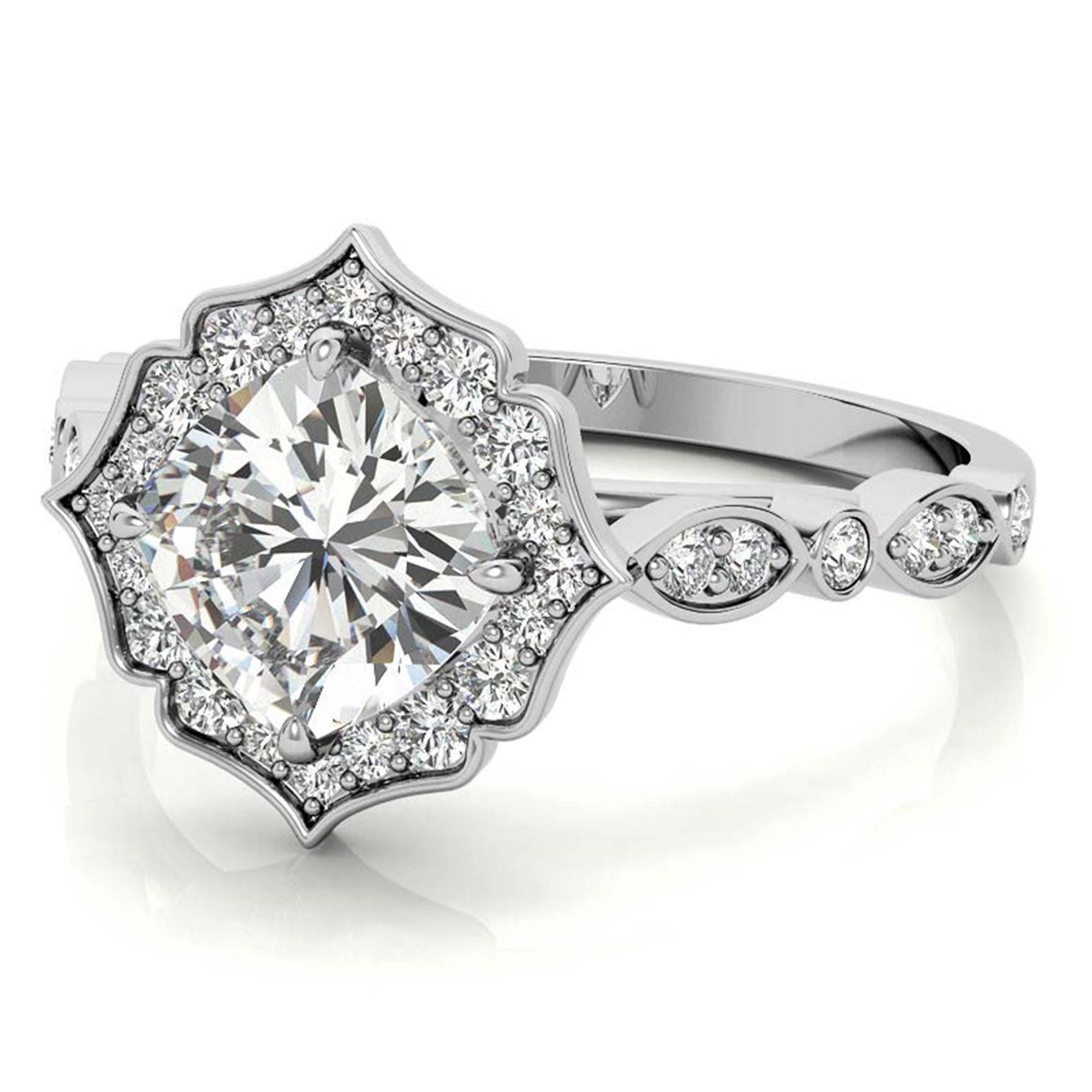 Adjustable Sterling Silver Dazzling White Gold Vintage-Inspired Diamond Halo Engagement Ring For Women