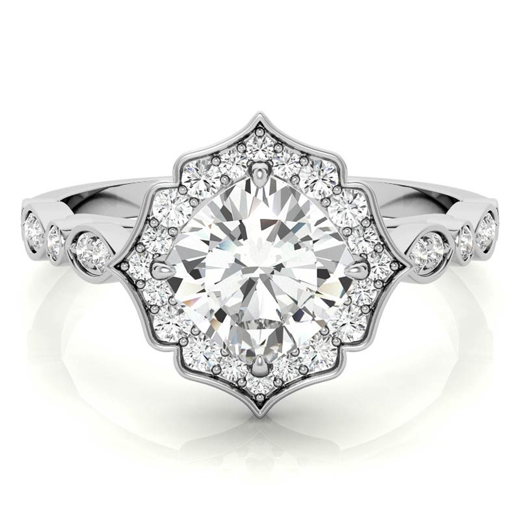 Adjustable Sterling Silver Dazzling White Gold Vintage-Inspired Diamond Halo Engagement Ring For Women