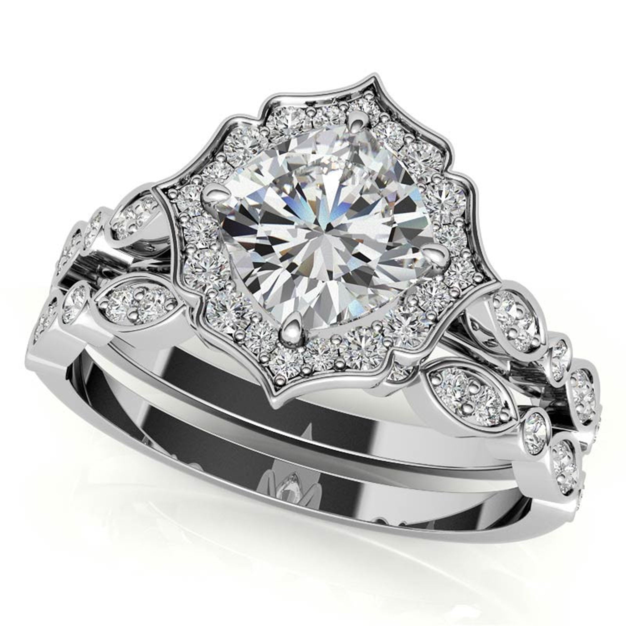 Adjustable Sterling Silver Dazzling White Gold Vintage-Inspired Diamond Halo Engagement Ring For Women