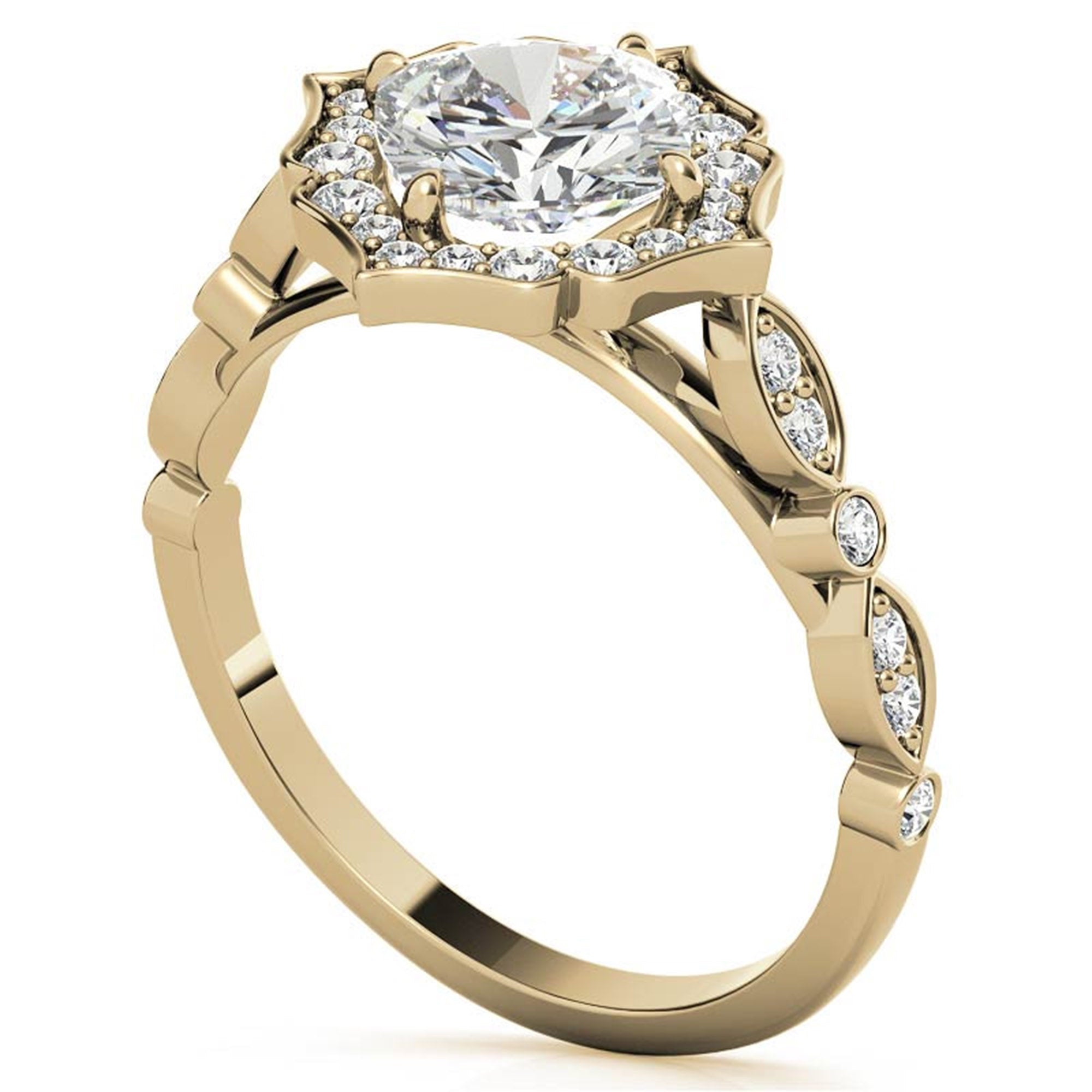 Adjustable Sterling Silver Dazzling Yellow Gold Vintage-Inspired Diamond Halo Engagement Ring For Women