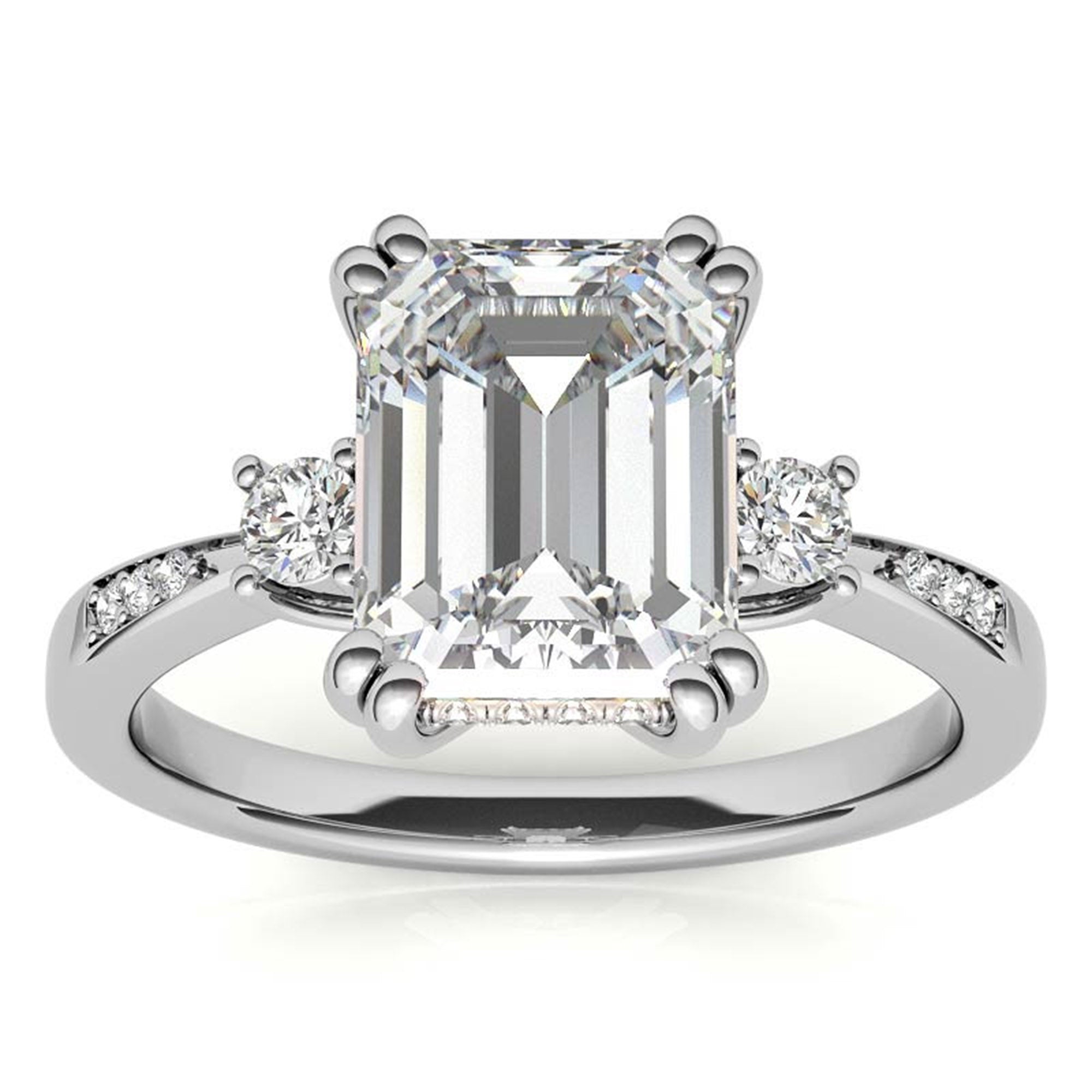 Emerald-Cut  With Two Round Stones White Gold Adjustable Sterling Silver Engagement Ring For Woman