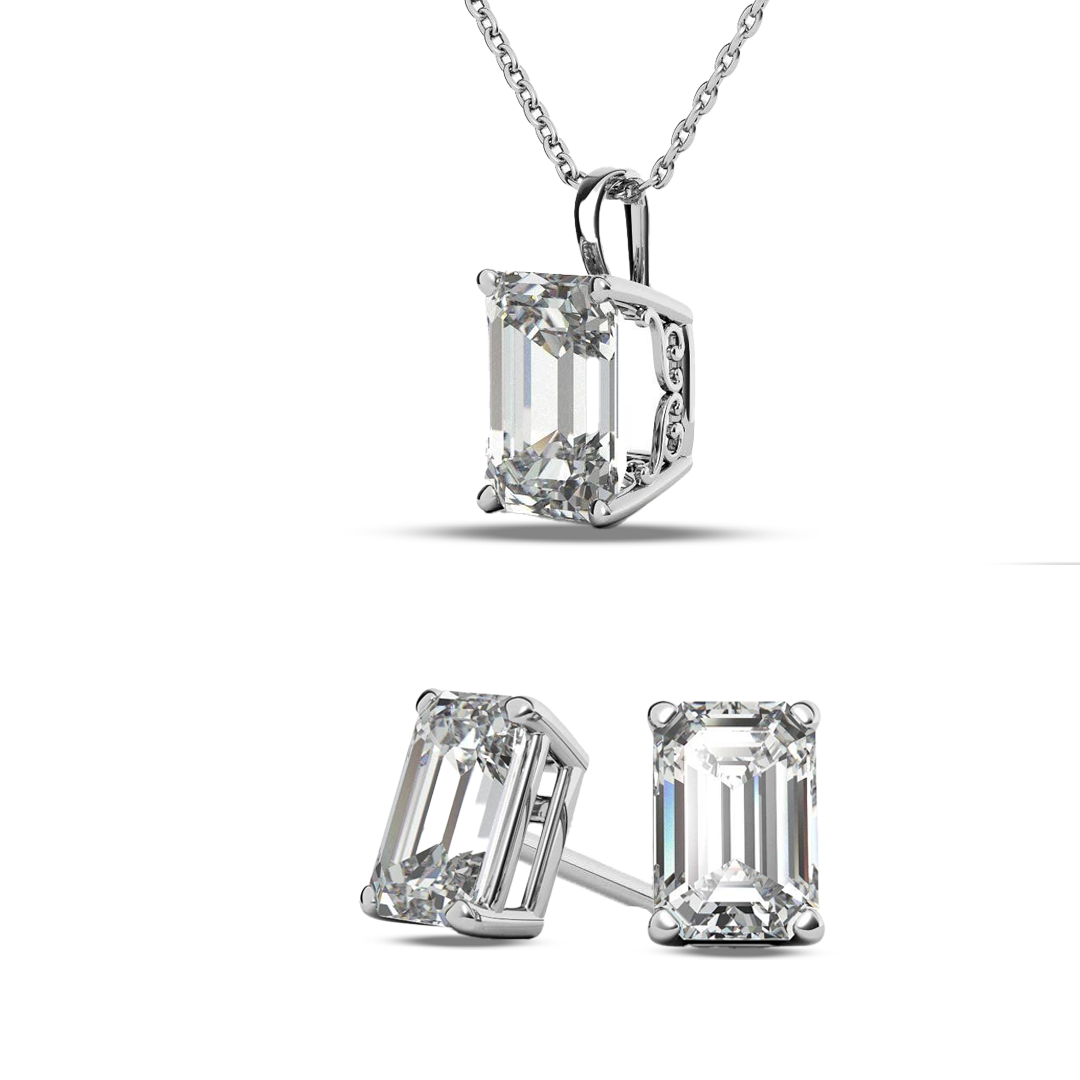 925 Sterling Silver Gleaming Rectangle Solitaire Set of earrings and Pendant