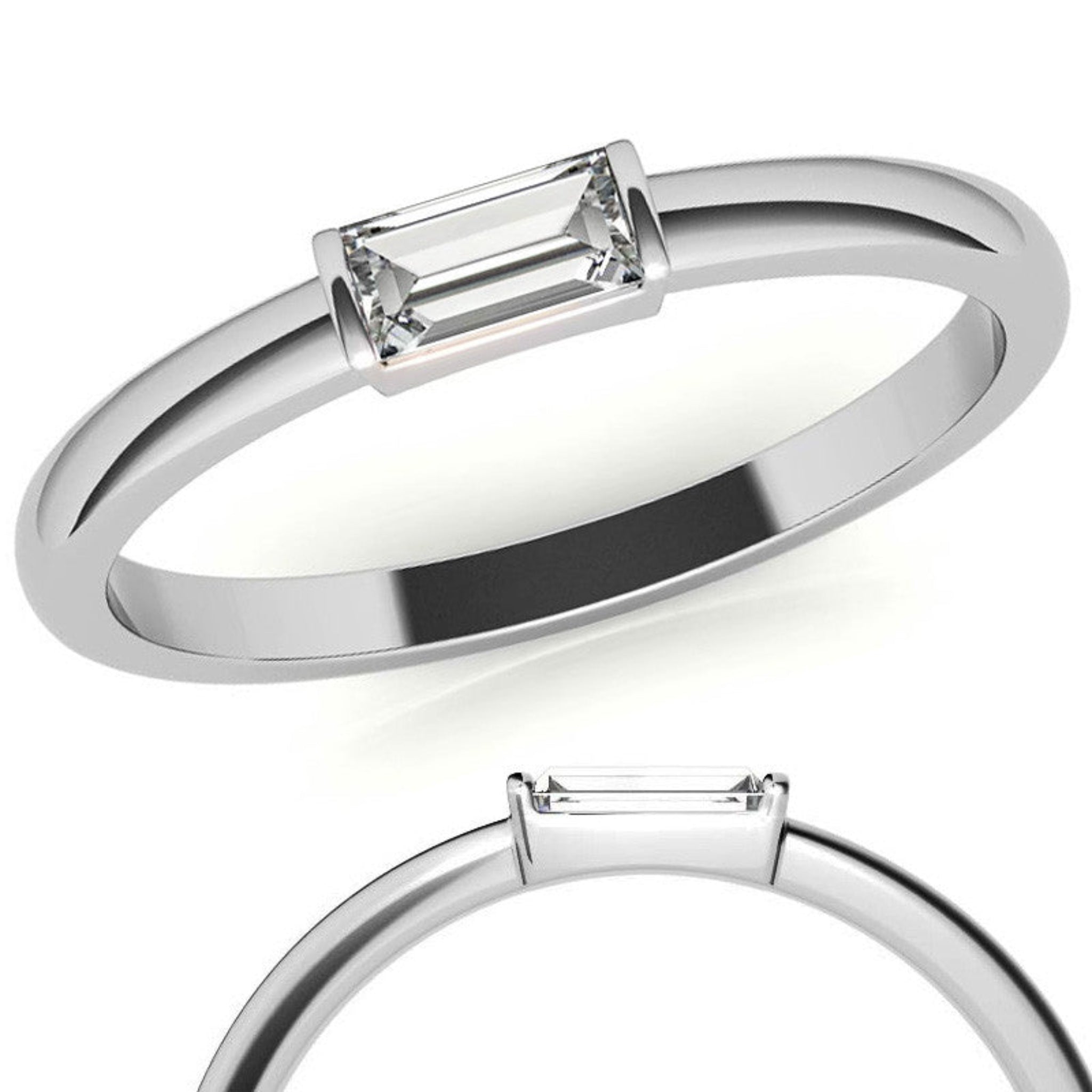 White Gold Silver Small Bezel Adjustable Rectangular Baguette Ring for Women