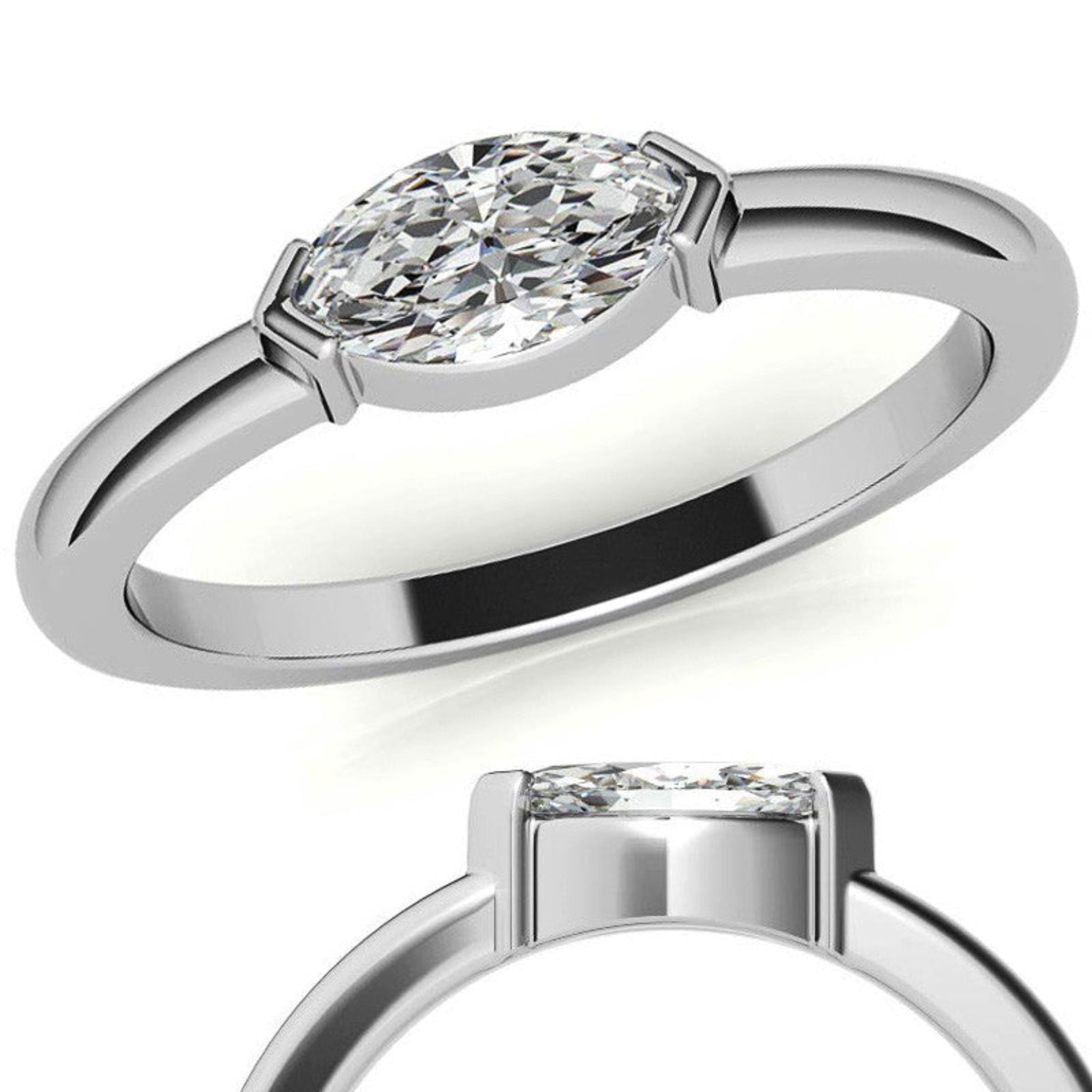 White Gold Silver Timeless Solitaire Adjustable Marquise Oval-Set Ring For Woman