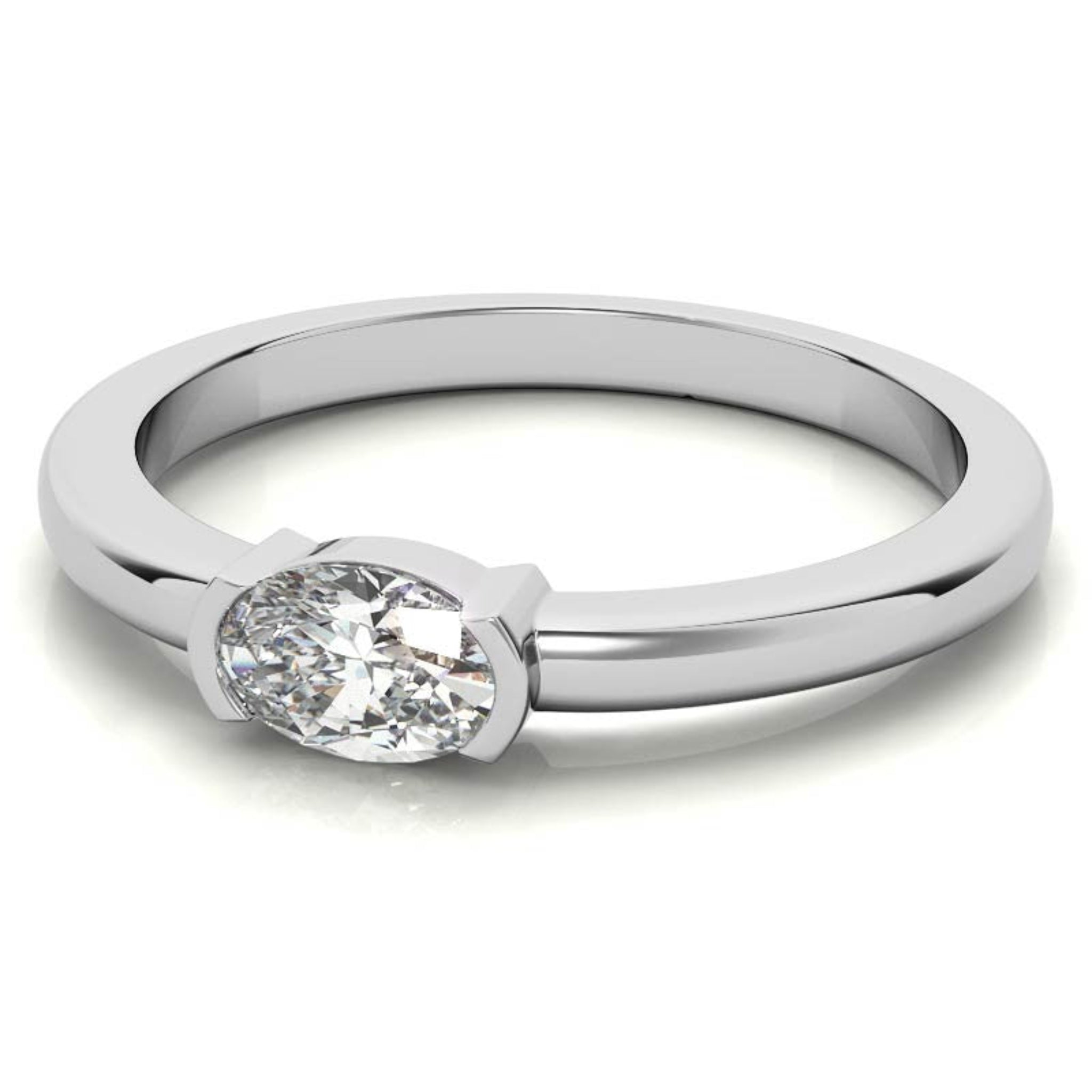 White Gold Silver Half-Bezel-Set Adjustable Oval Cut Solitaire Ring For Woman