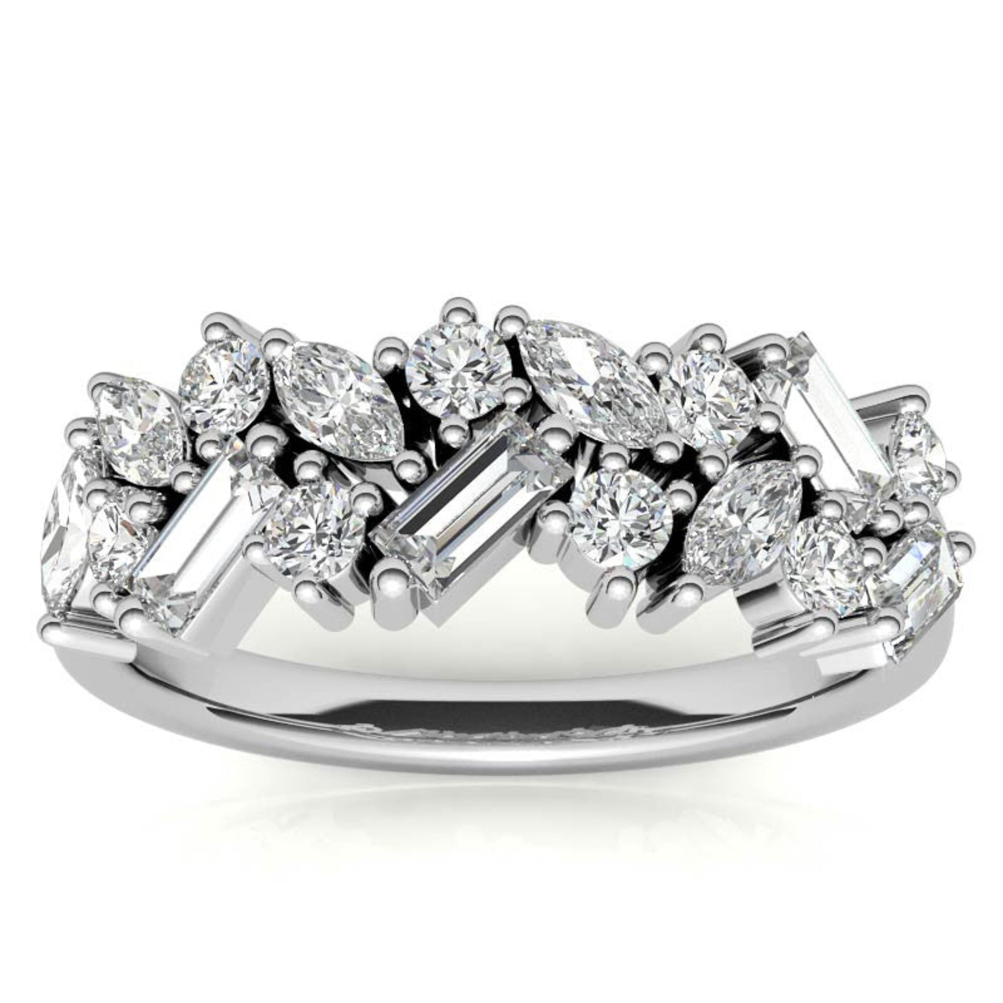 Sterling Silver Elegant Unique Adjustable Multi-Cut Diamond Cluster White Gold Ring For Women