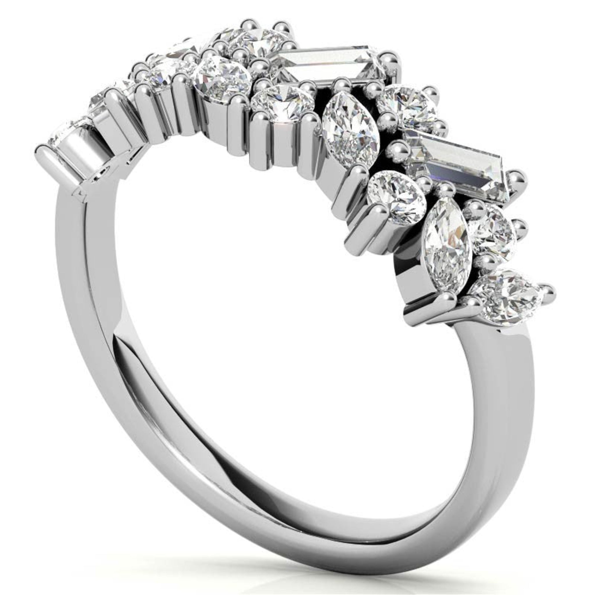 Sterling Silver Elegant Unique Adjustable Multi-Cut Diamond Cluster White Gold Ring For Women