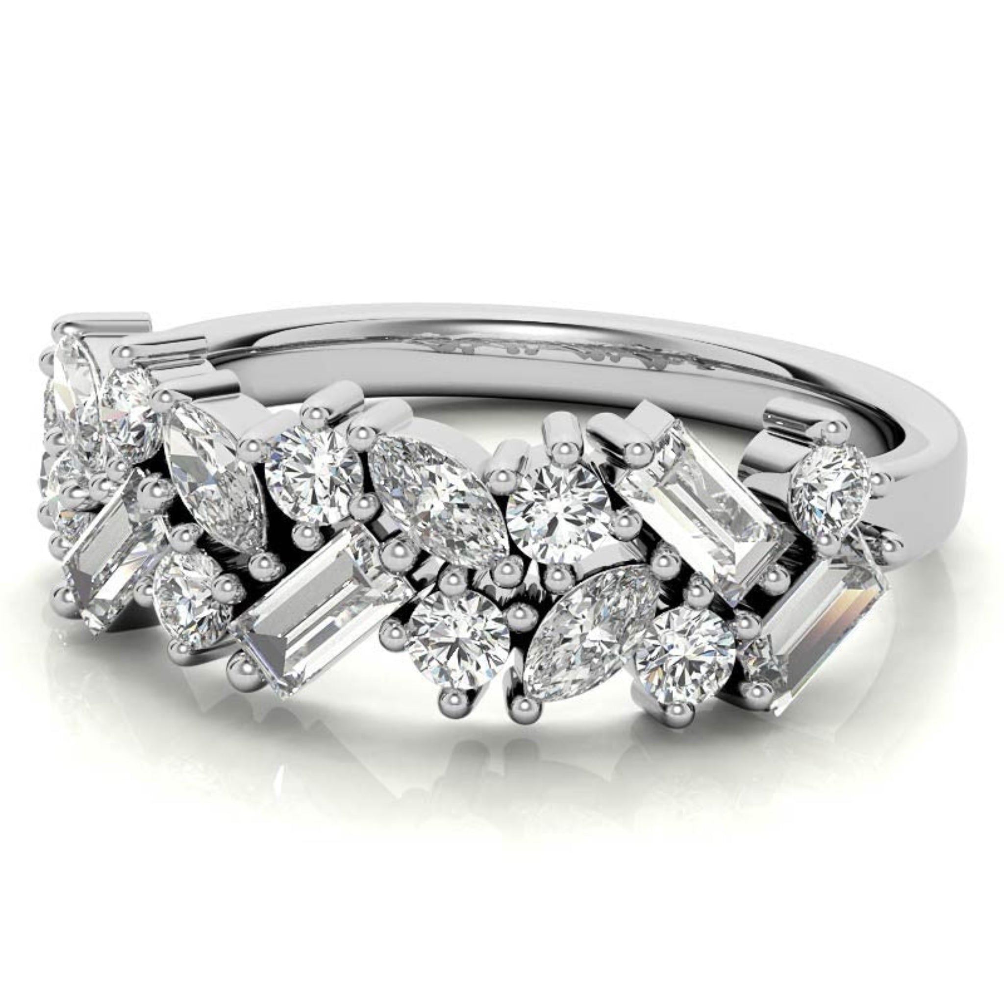 Sterling Silver Elegant Unique Adjustable Multi-Cut Diamond Cluster White Gold Ring For Women