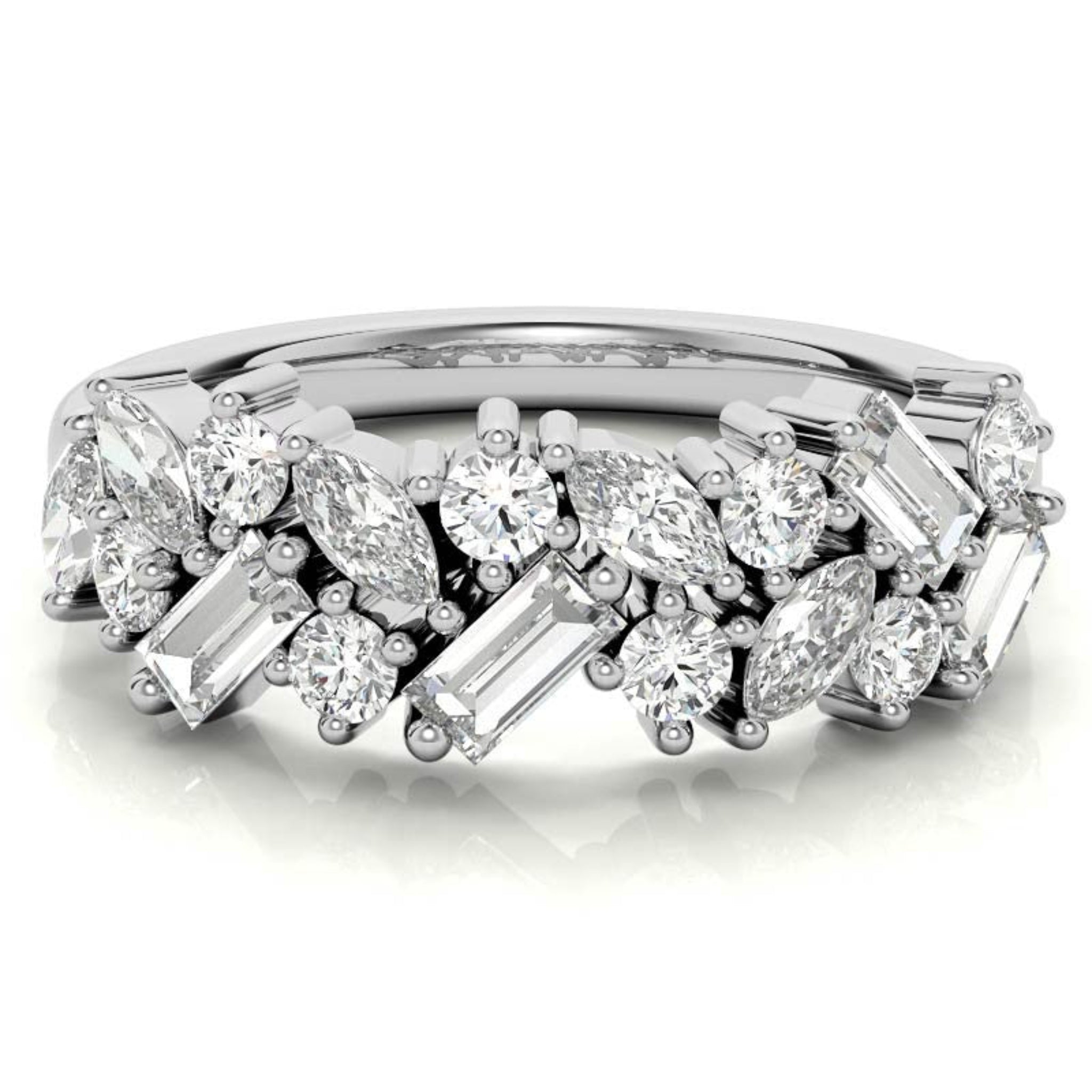 Sterling Silver Elegant Unique Adjustable Multi-Cut Diamond Cluster White Gold Ring For Women