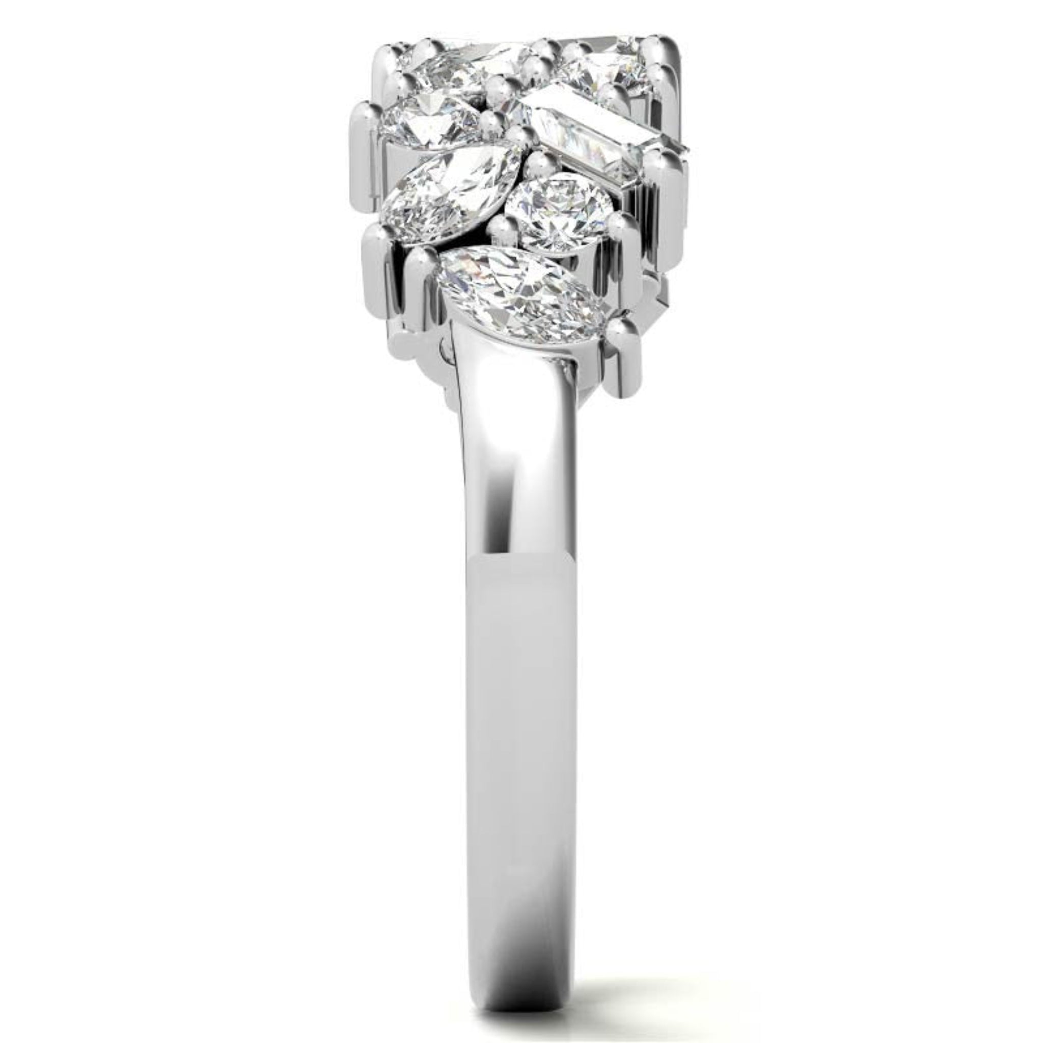 Sterling Silver Elegant Unique Adjustable Multi-Cut Diamond Cluster White Gold Ring For Women