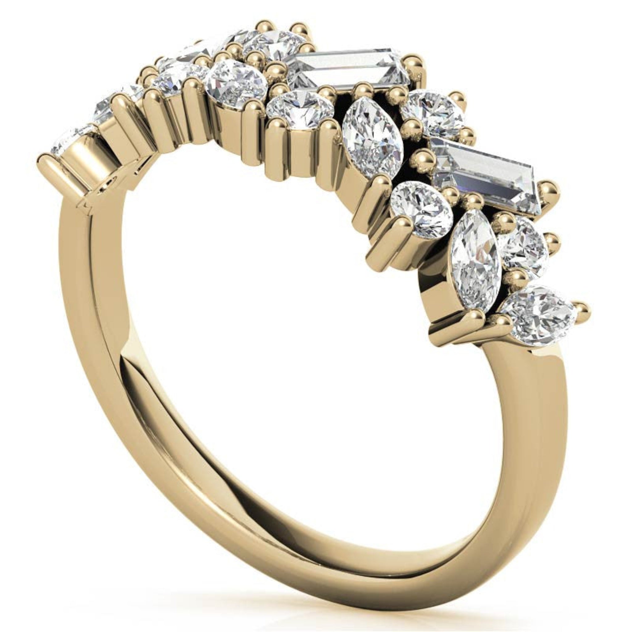 Sterling Silver Elegant Unique Adjustable Multi-Cut Diamond Cluster Yellow Gold Ring For Women