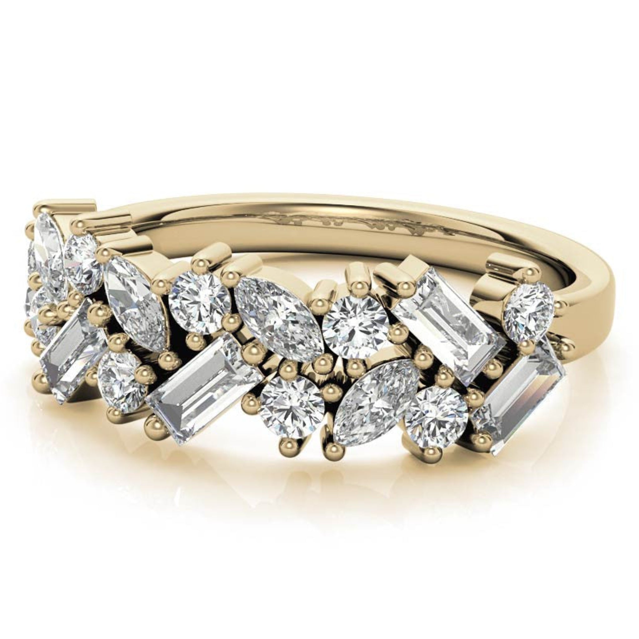 Sterling Silver Elegant Unique Adjustable Multi-Cut Diamond Cluster Yellow Gold Ring For Women