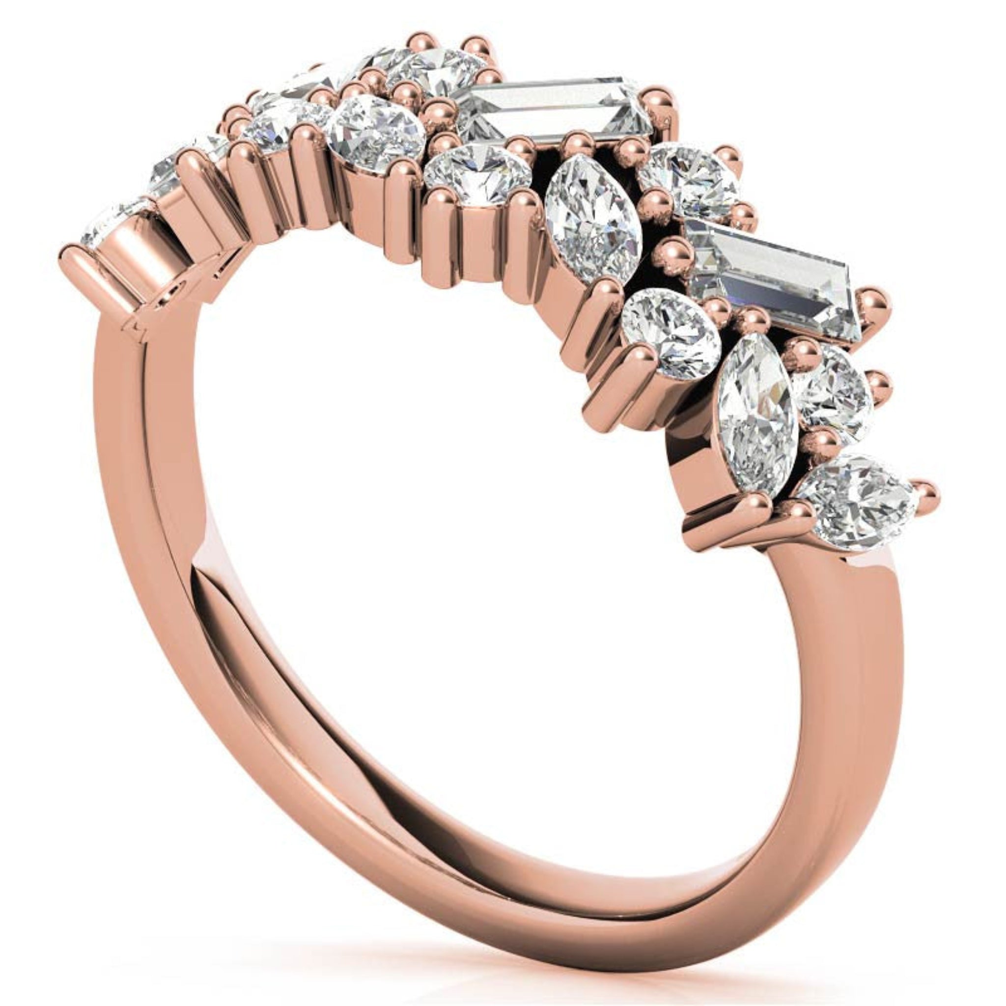 Sterling Silver Elegant Unique Adjustable Multi-Cut Diamond Cluster Rose Gold Ring For Women