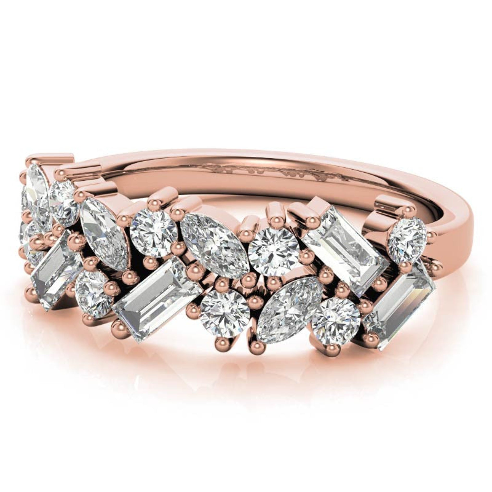 Sterling Silver Elegant Unique Adjustable Multi-Cut Diamond Cluster Rose Gold Ring For Women