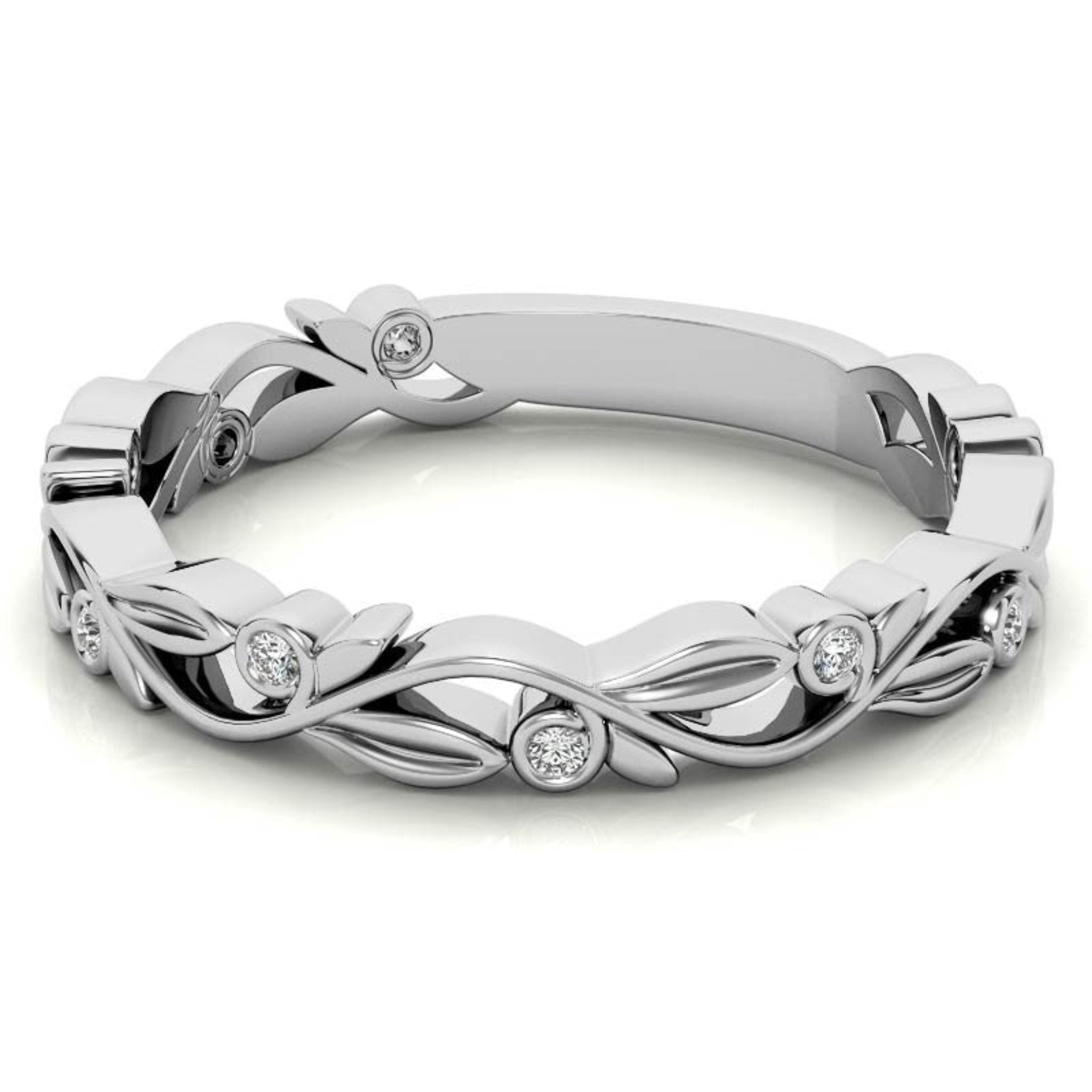 White Gold Silver Nature-Inspired Eternity Adjustable Leaf Floral Motif Ring For Woman