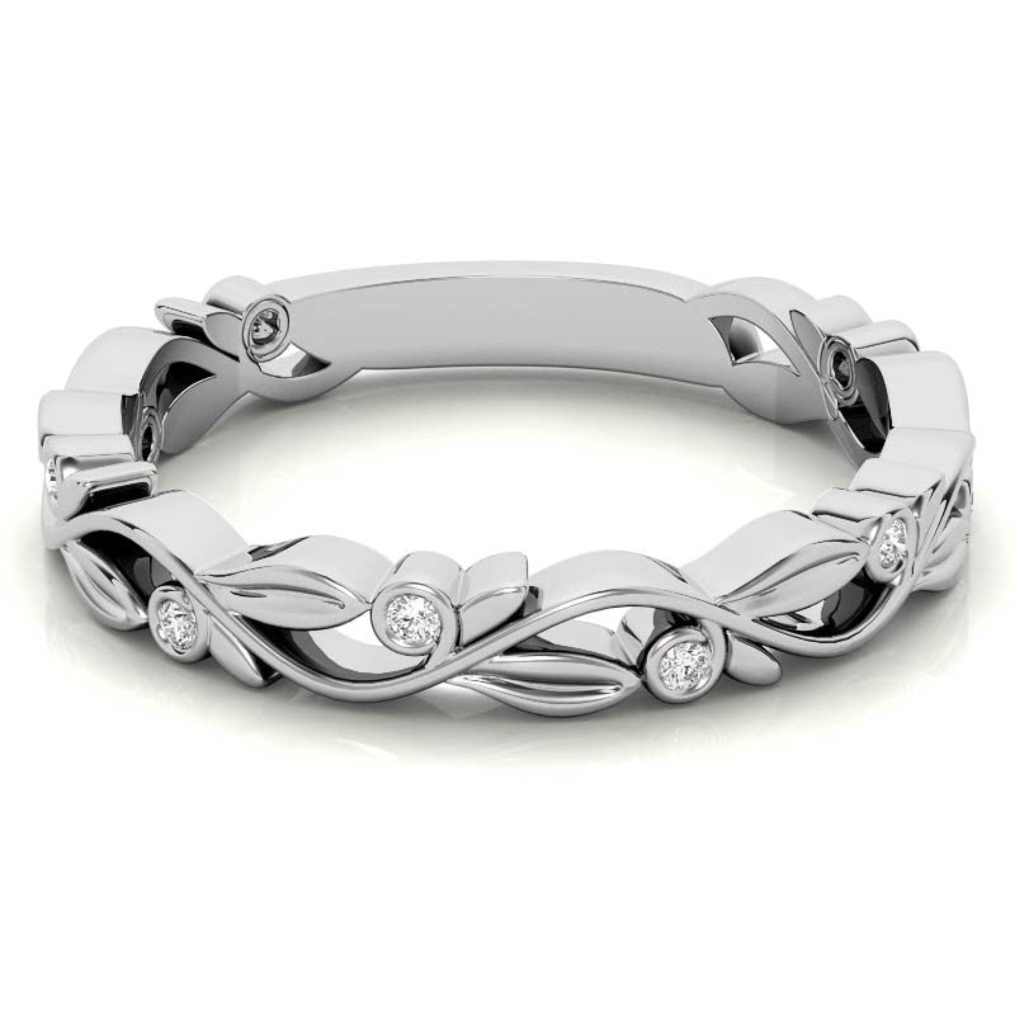 White Gold Silver Nature-Inspired Eternity Adjustable Leaf Floral Motif Ring For Woman