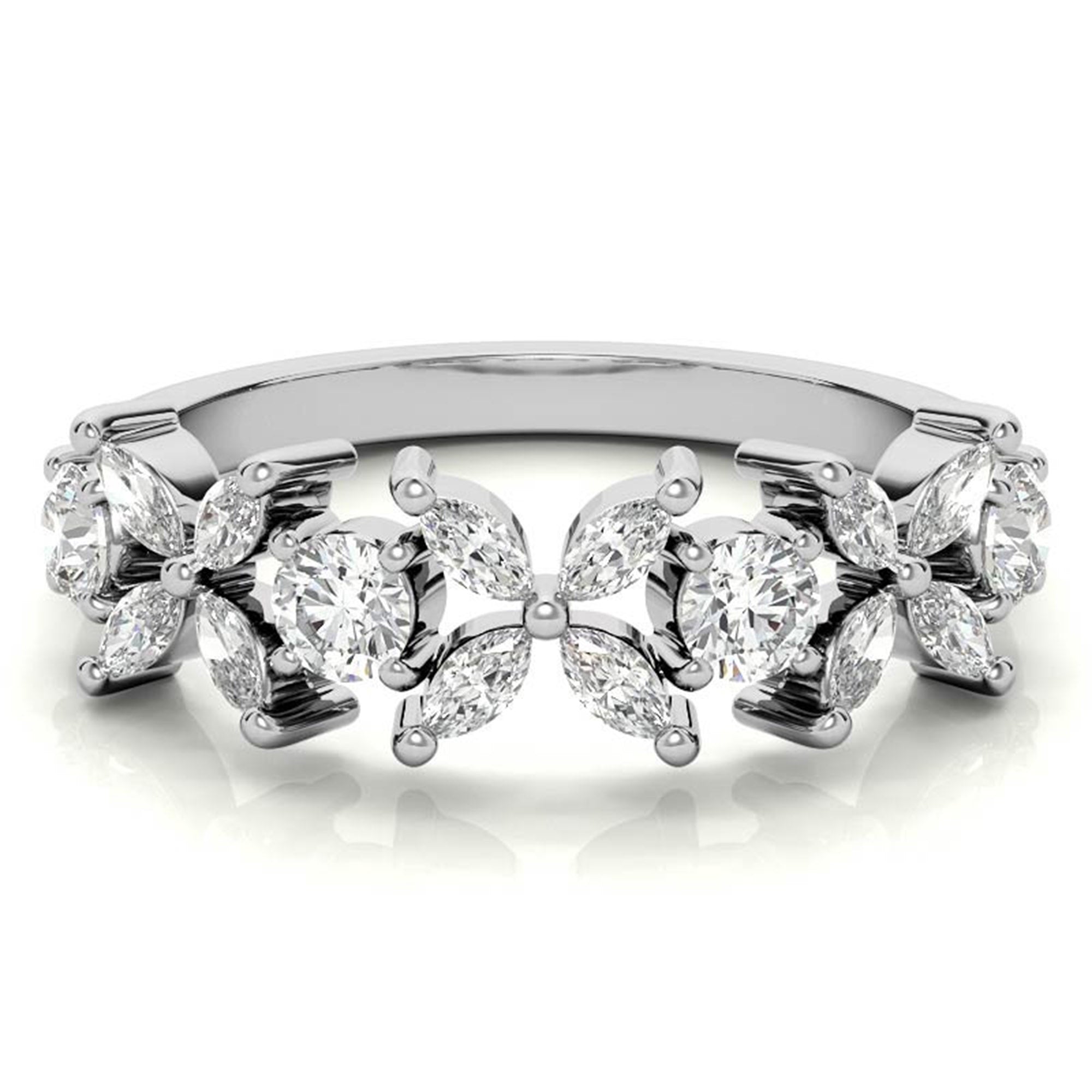 White Gold Silver Floral Eternity Adjustable Marquise-Cut Ring For Woman