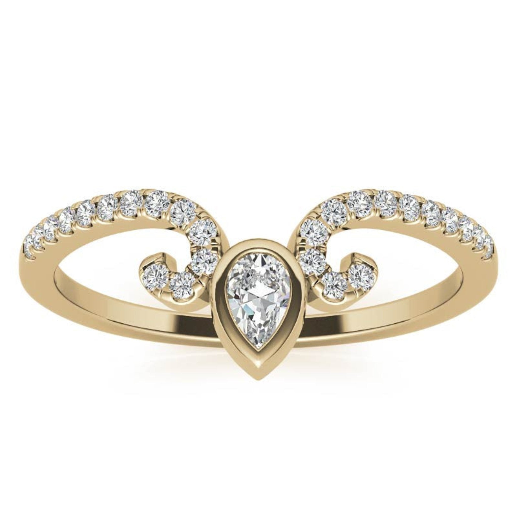 Yellow Gold Silver Pear-Cut Adjustable V- Curved Shaped Ring For Woman