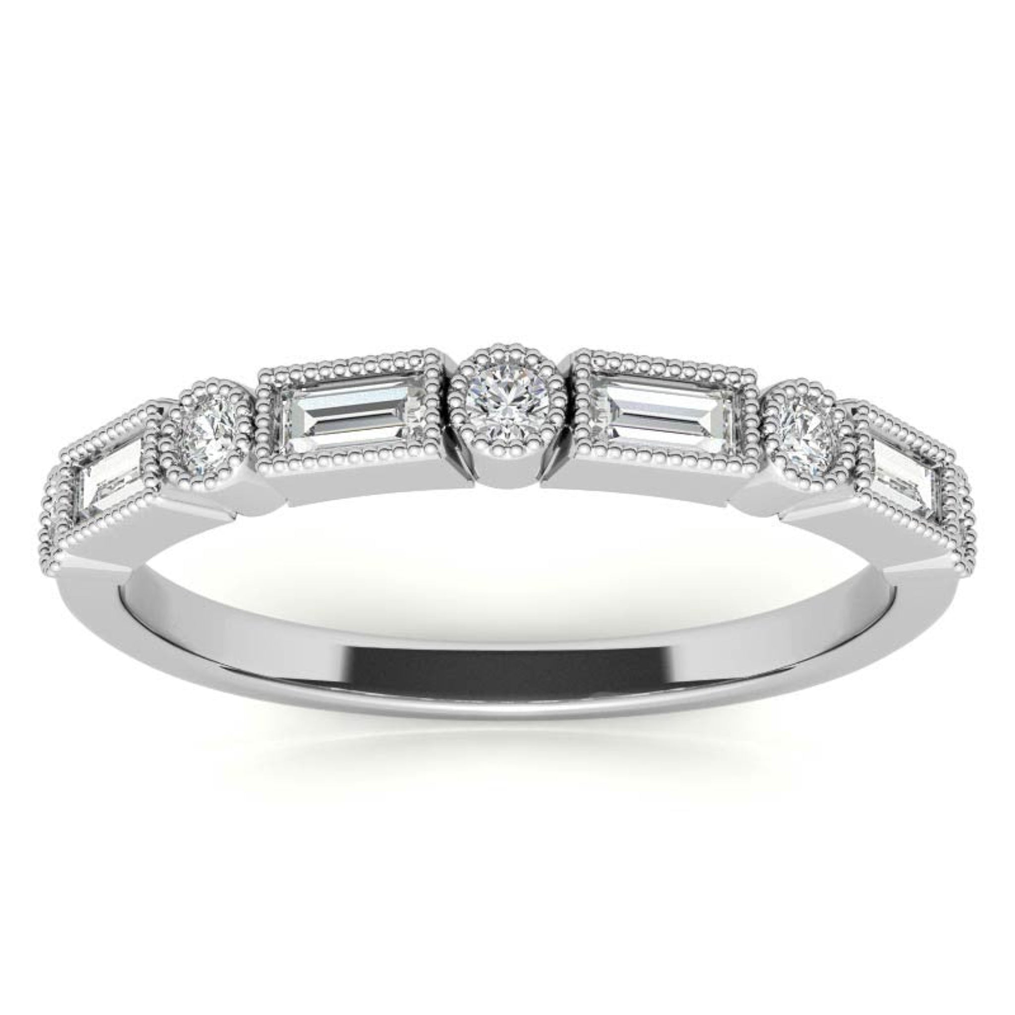 White Gold Silver Dual-Shaped Adjustable Baguette Milgrain Ring For Woman