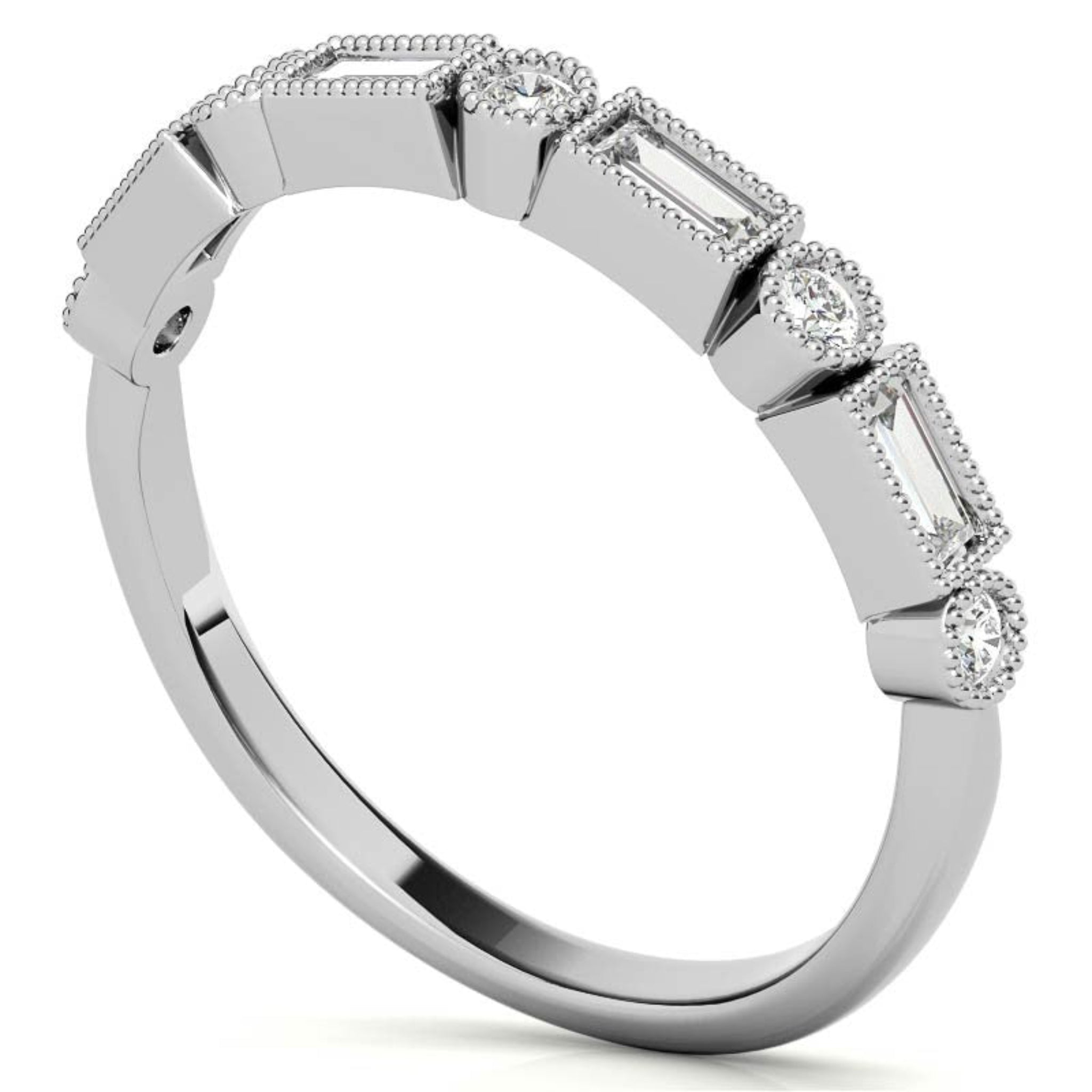 White Gold Silver Dual-Shaped Adjustable Baguette Milgrain Ring For Woman