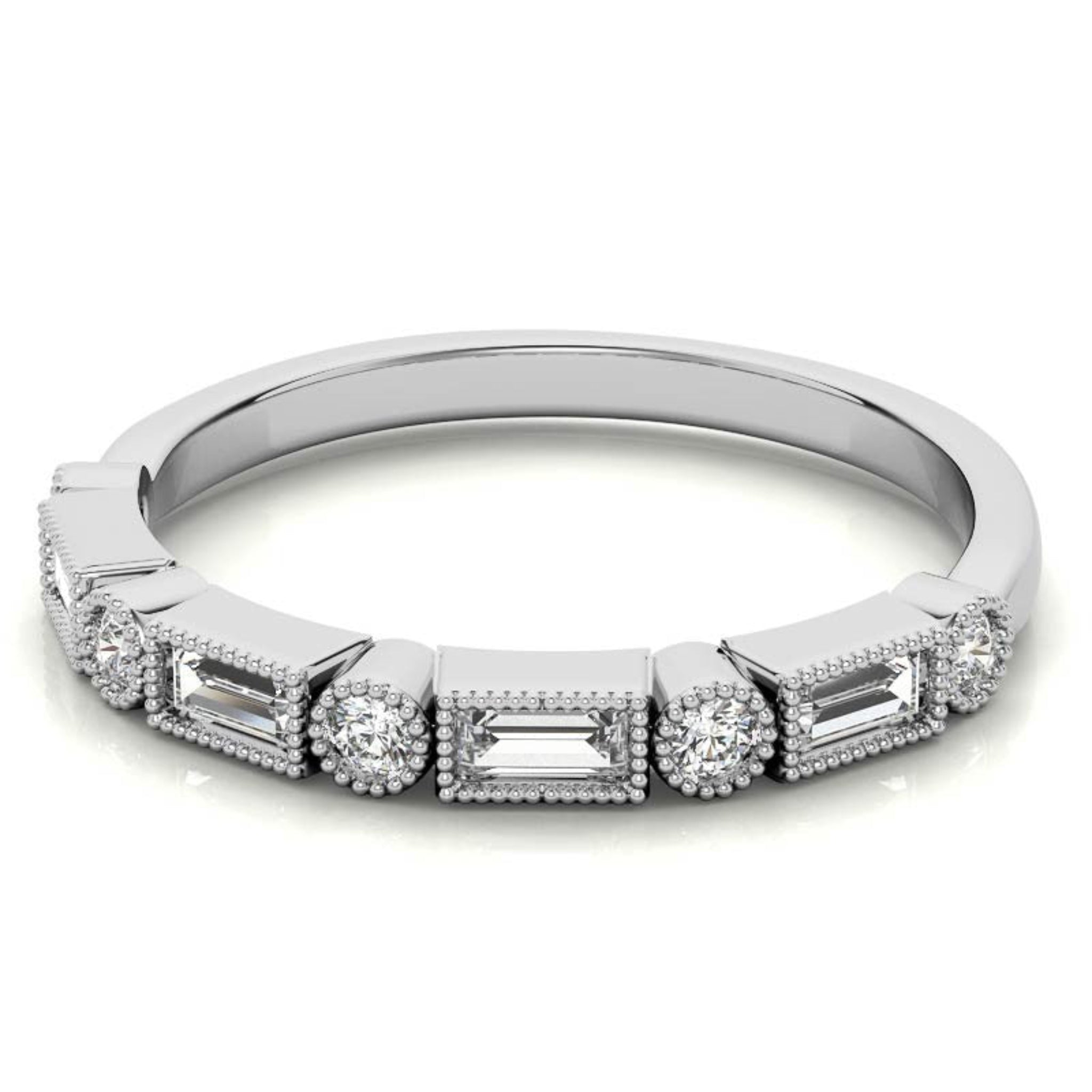 White Gold Silver Dual-Shaped Adjustable Baguette Milgrain Ring For Woman