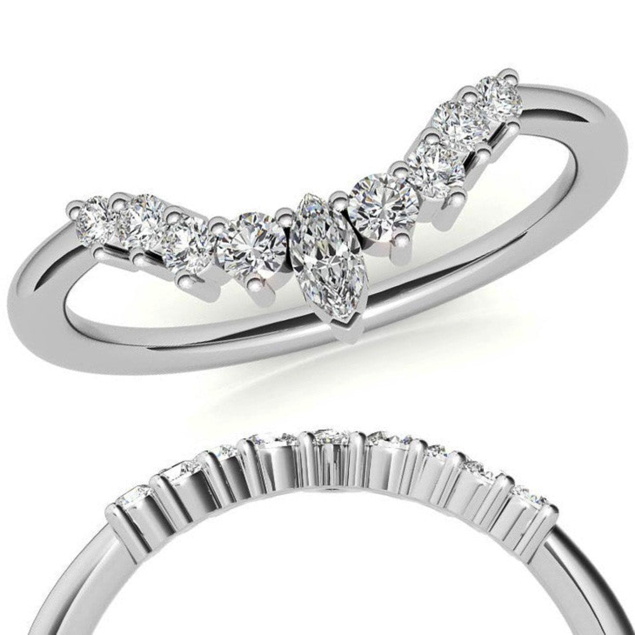 White Gold Silver Stacking Adjustable Marquise Chevron V-Contour Ring for Women