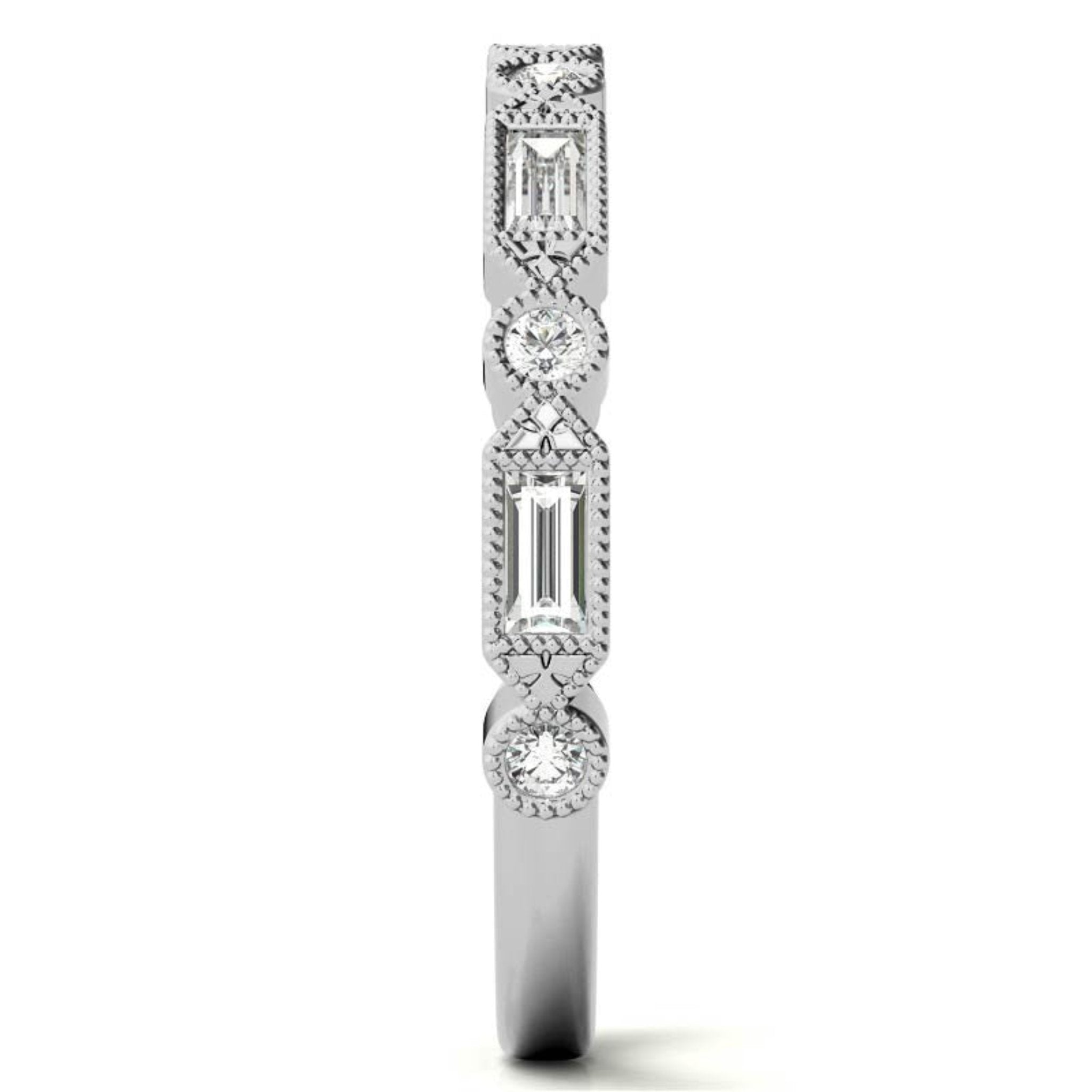 White Gold Silver Baguette Adjustable Milgrain Art Deco Ring For Woman