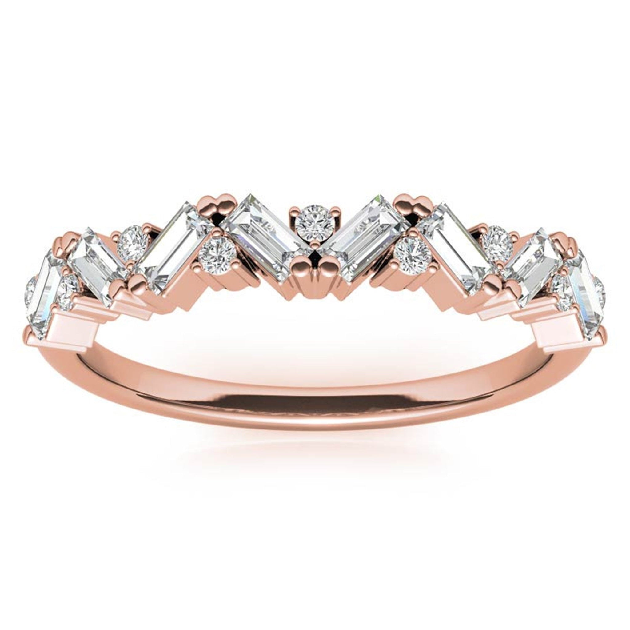 Zigzag Baguette and Round-Cut Diamond Rose Gold Adjustable Sterling Silver Radiant Ring For Women