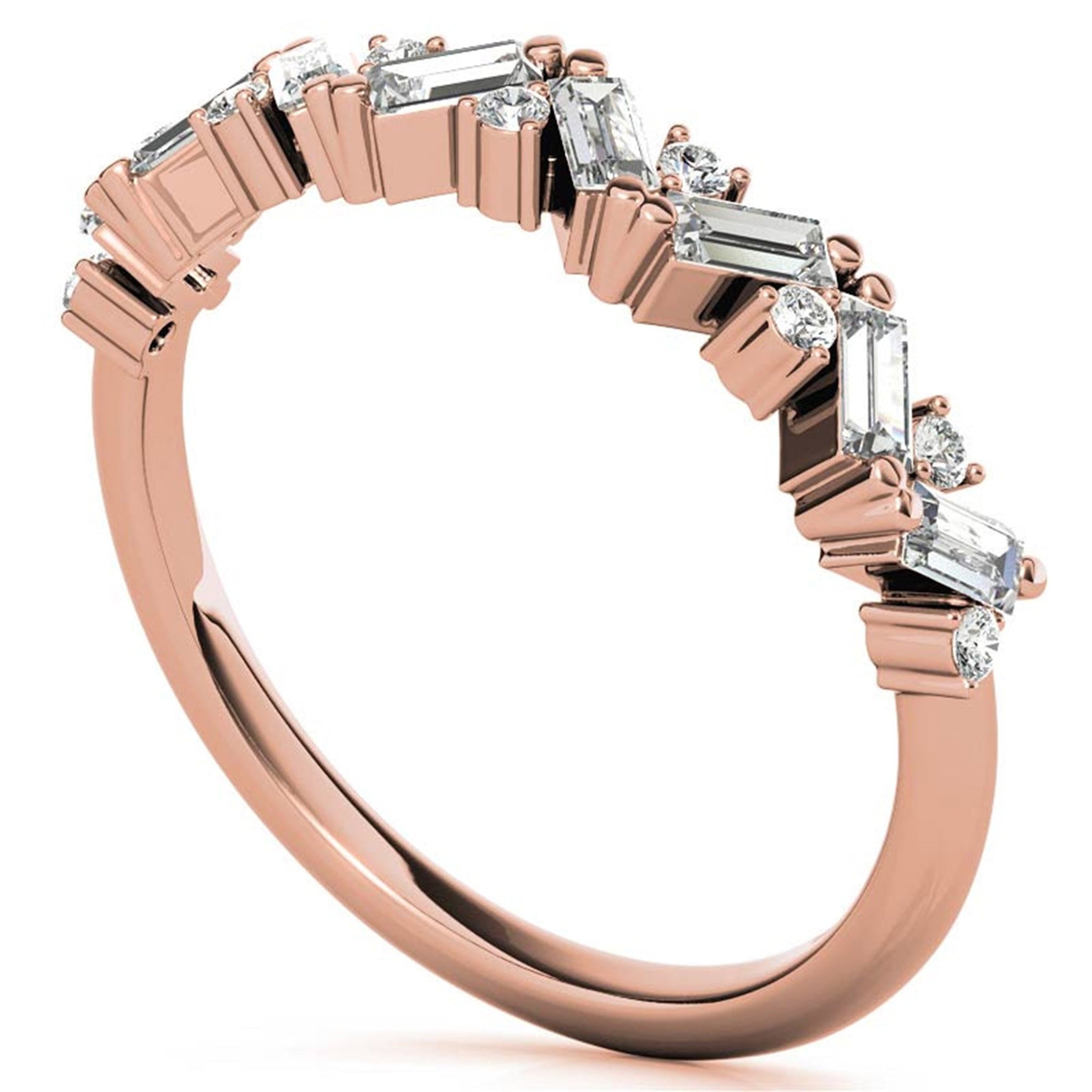 Zigzag Baguette and Round-Cut Diamond Rose Gold Adjustable Sterling Silver Radiant Ring For Women