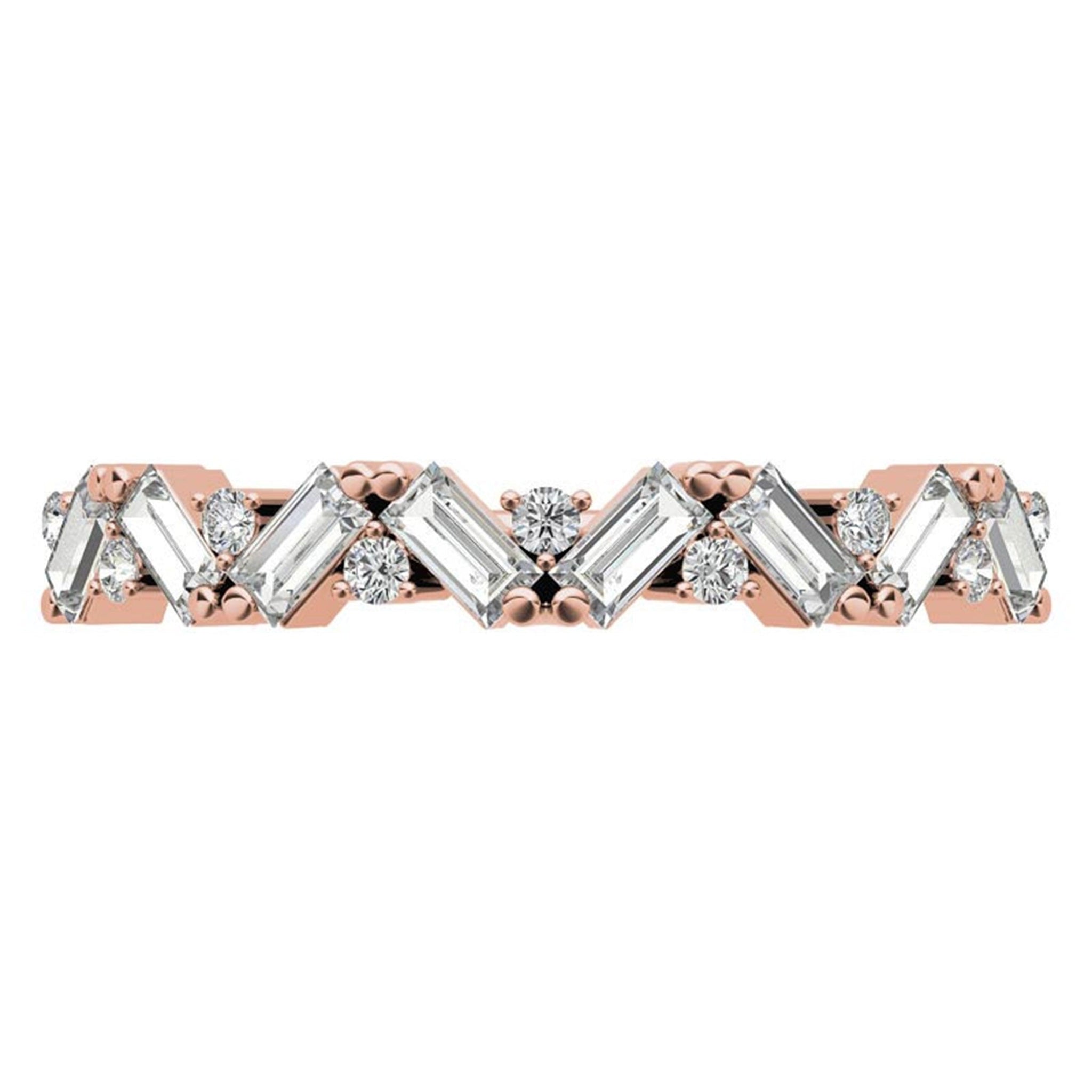 Zigzag Baguette and Round-Cut Diamond Rose Gold Adjustable Sterling Silver Radiant Ring For Women