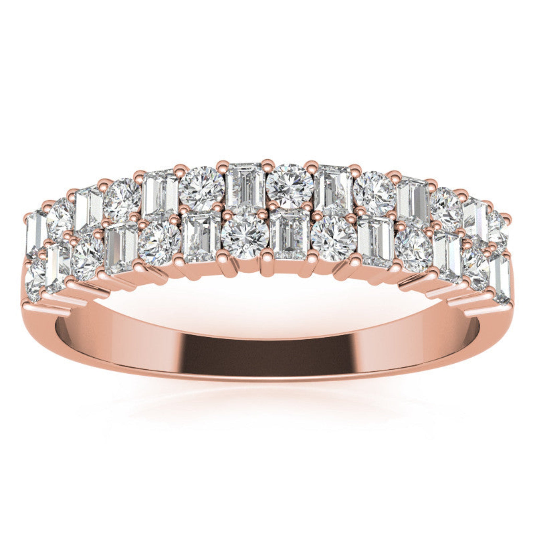 Sterling Silver Unique Adjustable Dual-Row Baguette and Round Diamond Rose Gold Band For Women