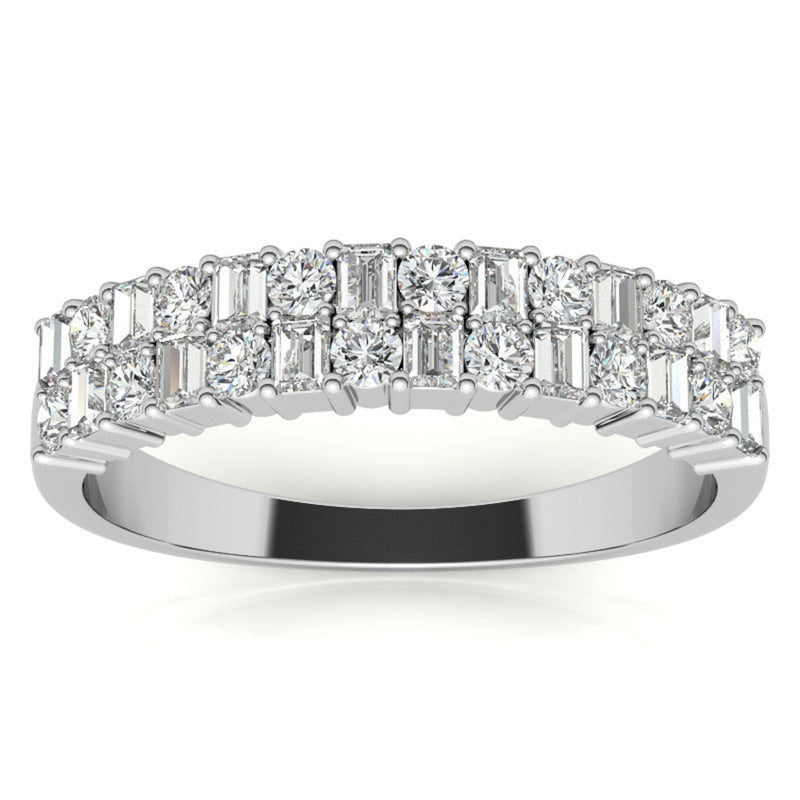 Sterling Silver Unique Adjustable Dual-Row Baguette and Round Diamond White Gold Band For Women