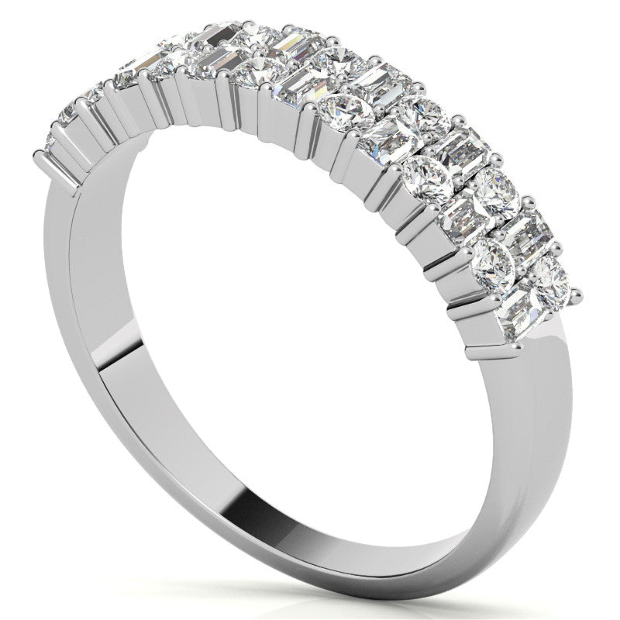 Sterling Silver Unique Adjustable Dual-Row Baguette and Round Diamond White Gold Band For Women