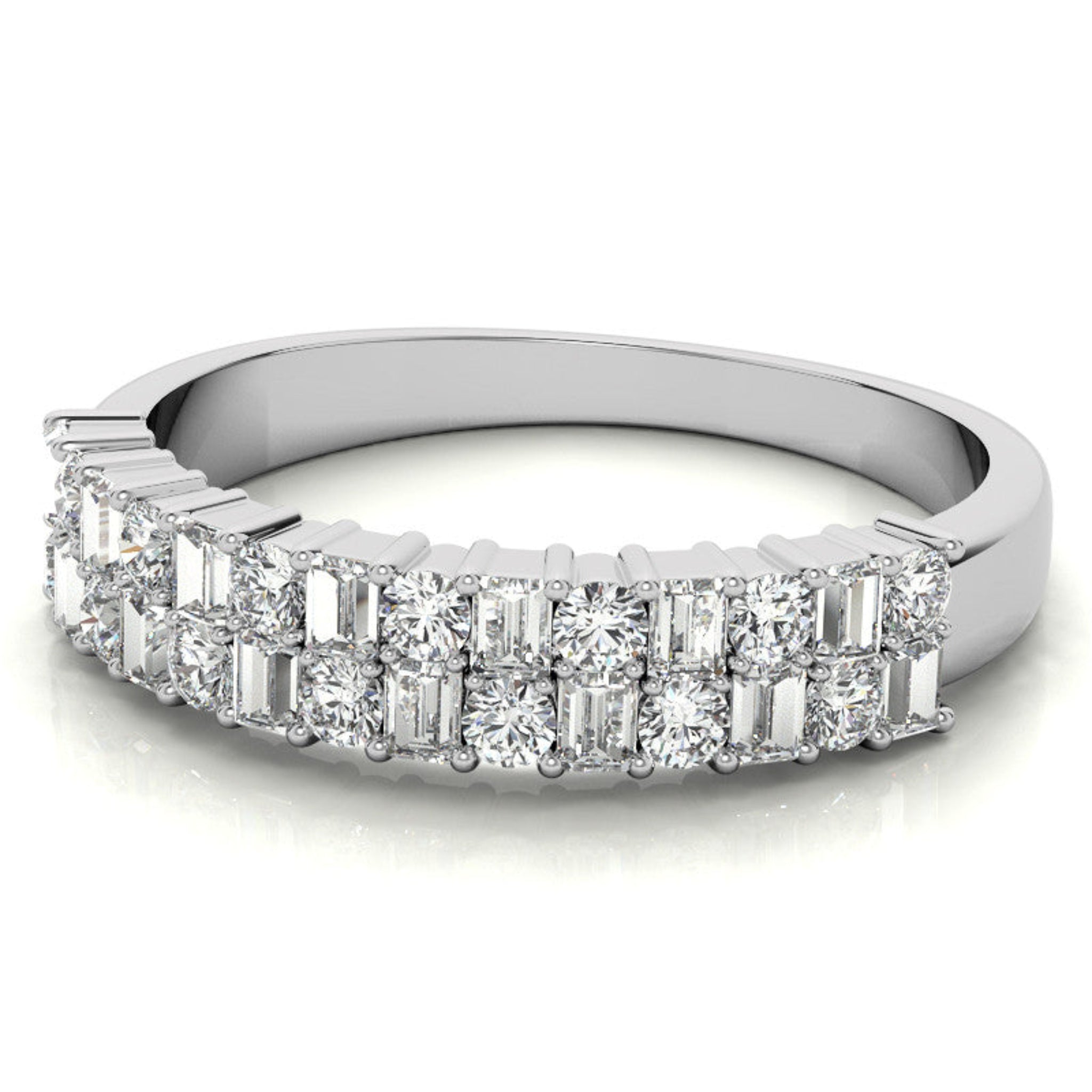 Sterling Silver Unique Adjustable Dual-Row Baguette and Round Diamond White Gold Band For Women