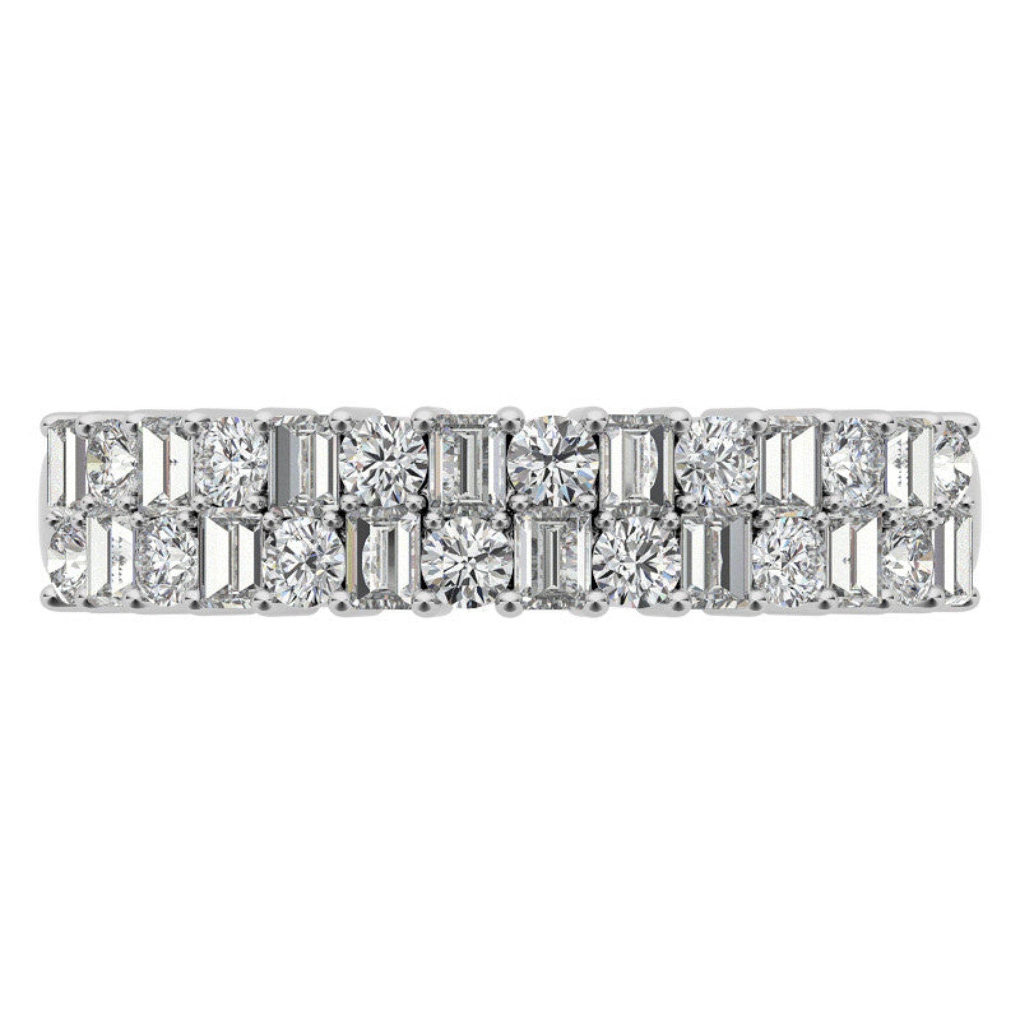 Sterling Silver Unique Adjustable Dual-Row Baguette and Round Diamond White Gold Band For Women