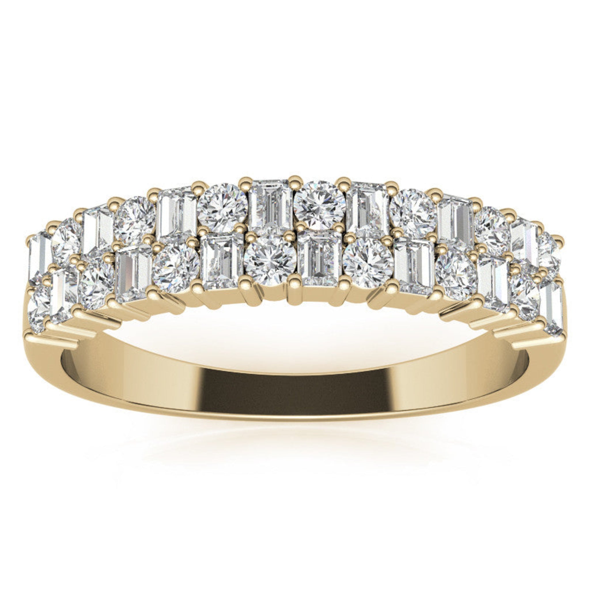 Sterling Silver Unique Adjustable Dual-Row Baguette and Round Diamond Yellow Gold Band For Women