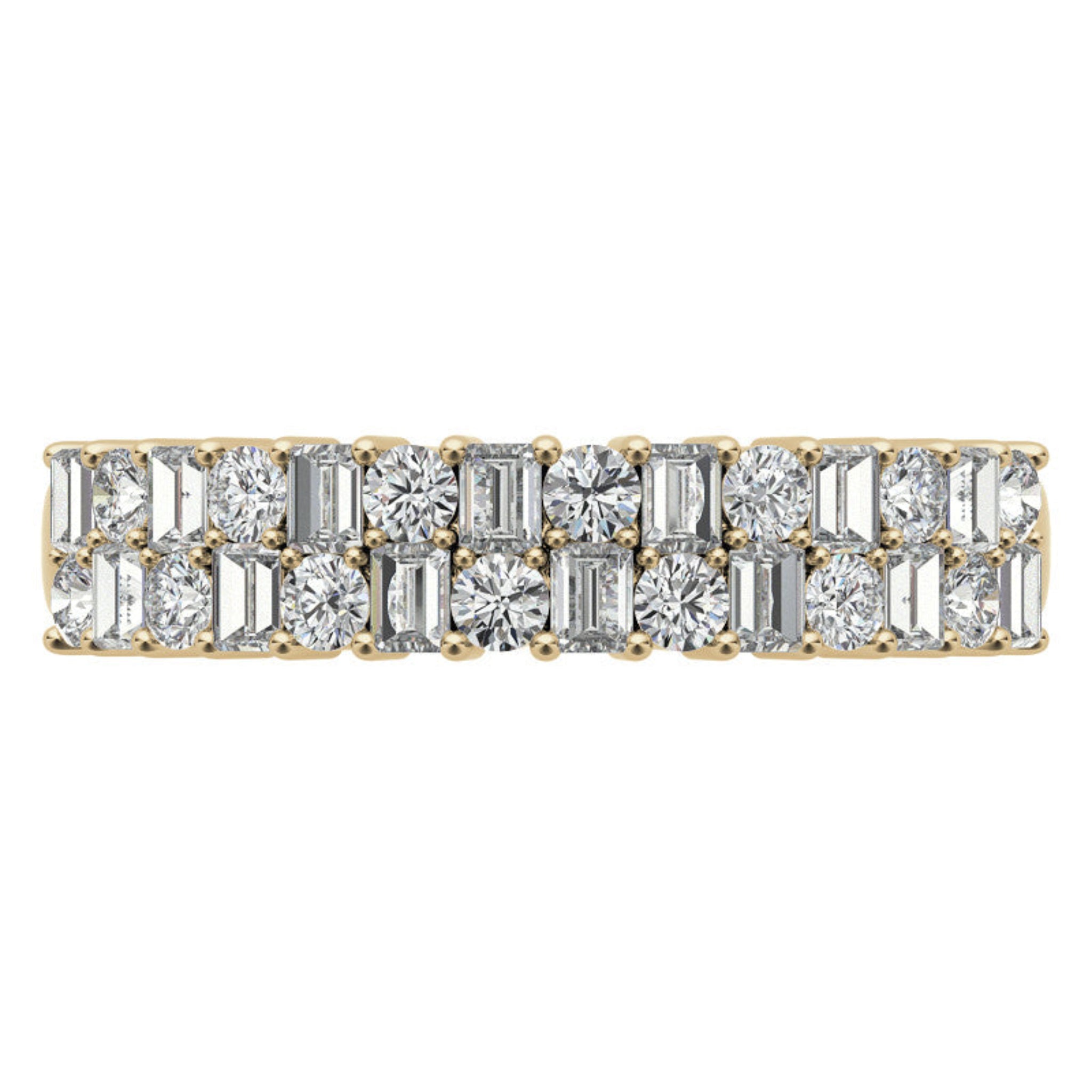 Sterling Silver Unique Adjustable Dual-Row Baguette and Round Diamond Yellow Gold Band For Women