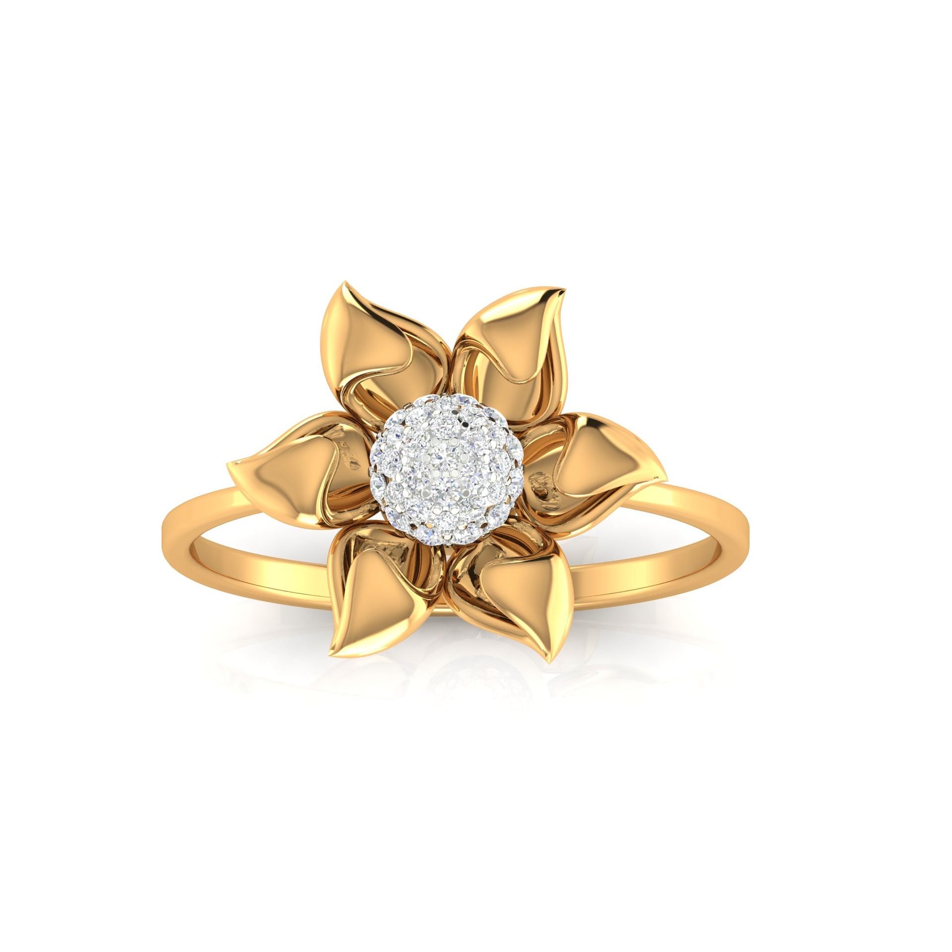 Yellow Gold Adjustable Silver Lotus Bloom Diamond Accent Ring For Woman