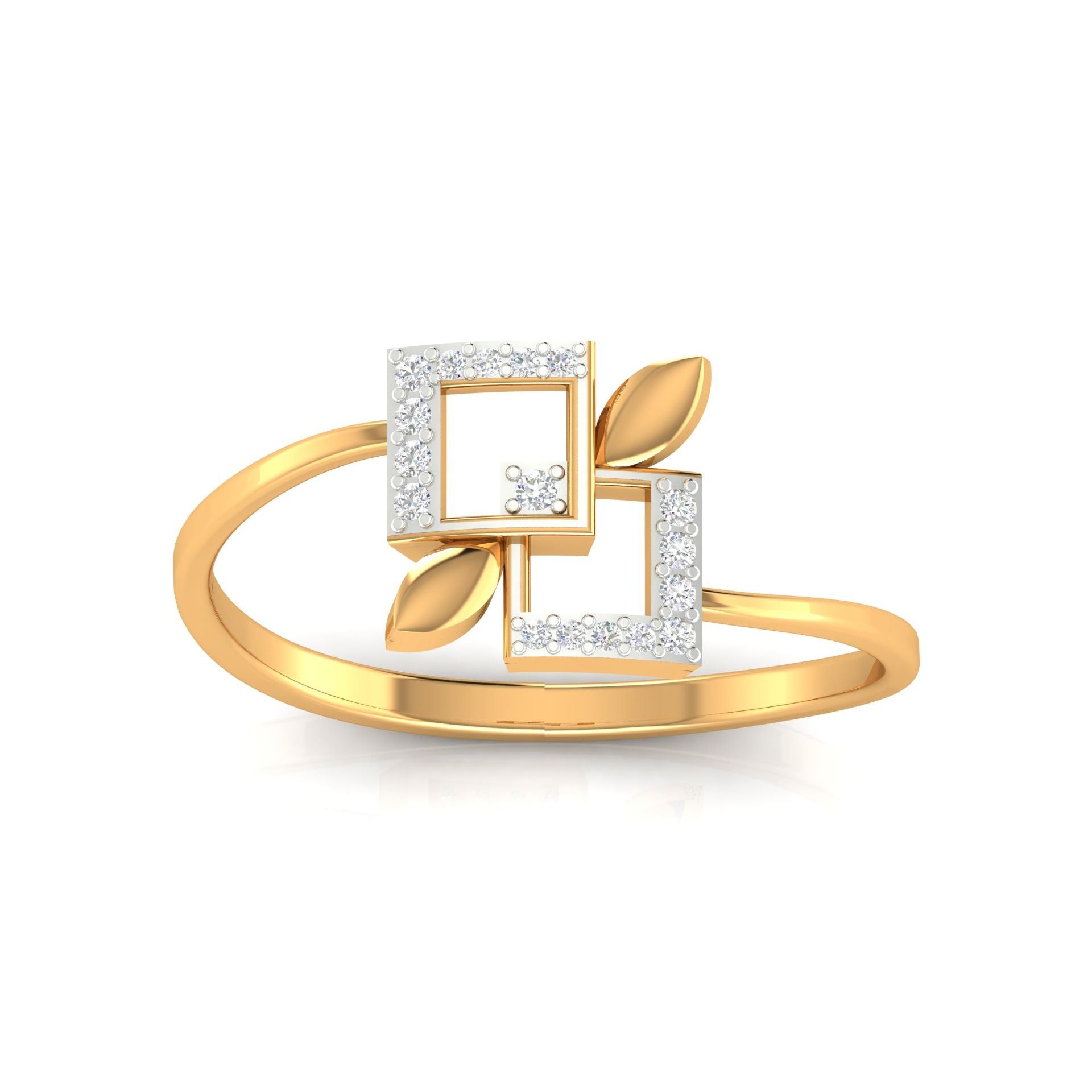 Adjustable Sterling Silver Modern Yellow Gold Geometric Diamond Ring with Gold Leaf Accents For Women